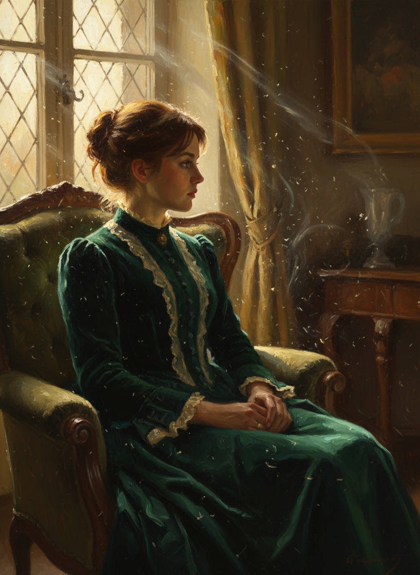 Woman in an emerald Victorian-style dress seated in an antique room by a sunlit window