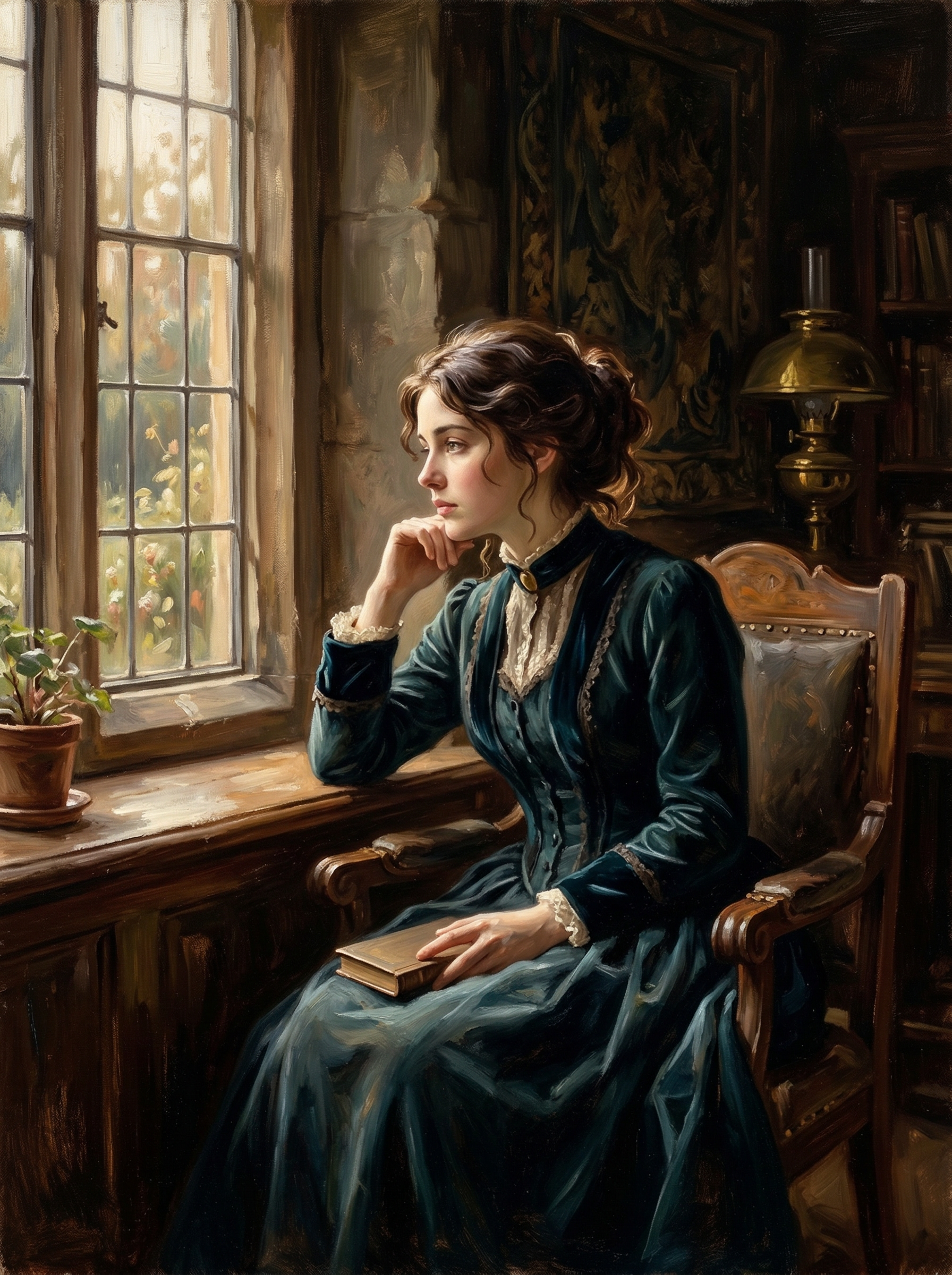 Victorian-era woman in a teal-blue dress sits by a window with a book.