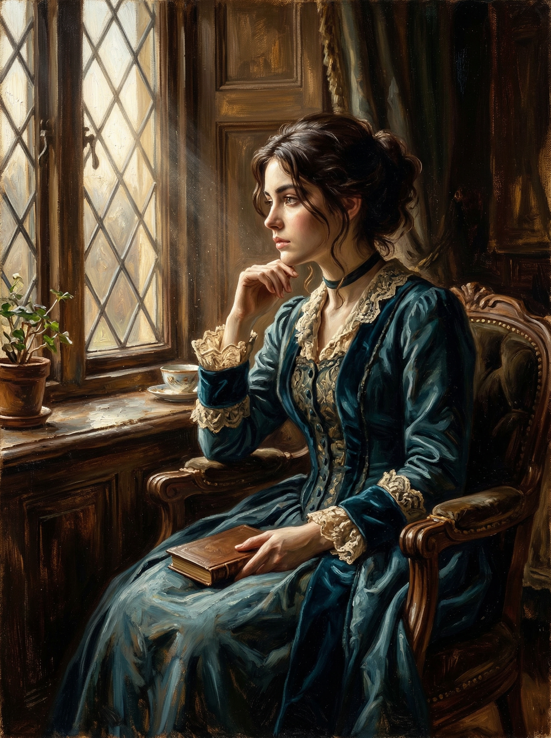 Woman in a blue Victorian gown sits by a window, holding a book and pondering.