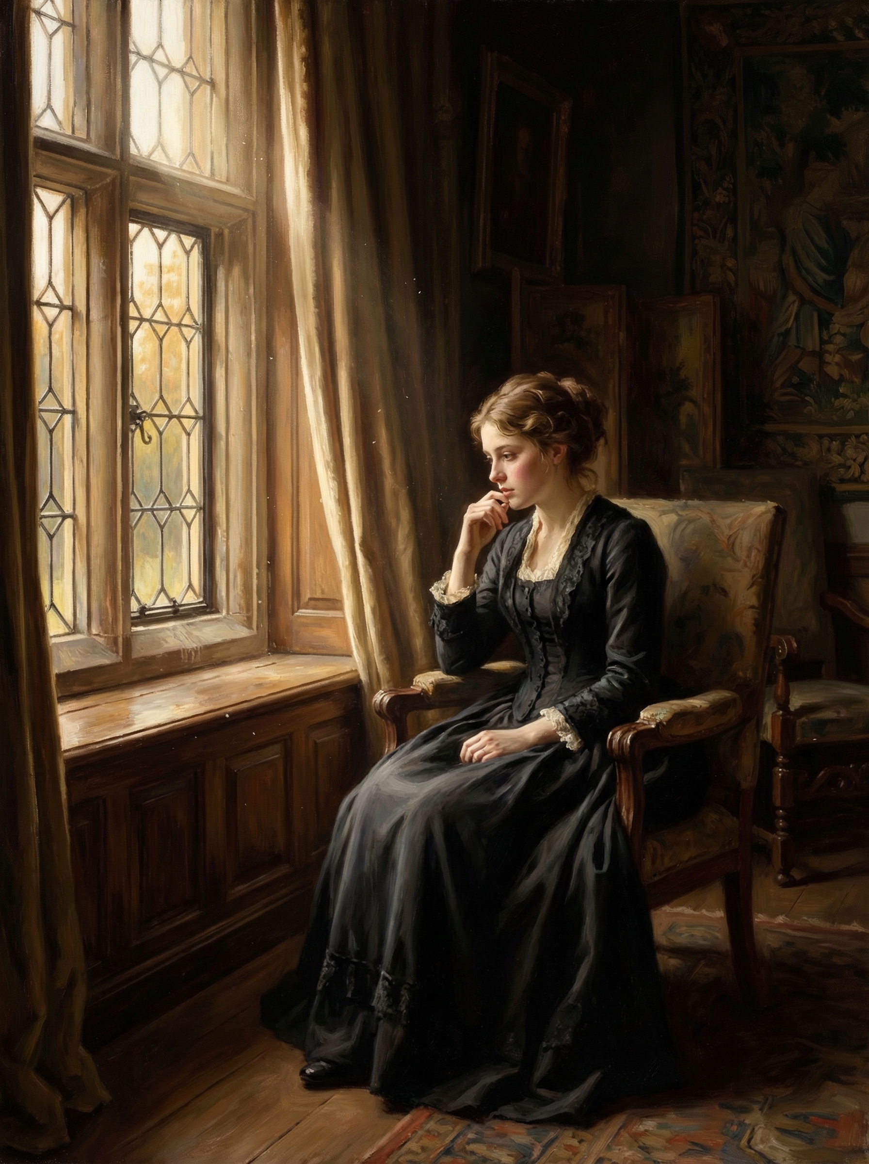 Woman in a dark Victorian dress seated by a sunlit window in an ornate, historic room.