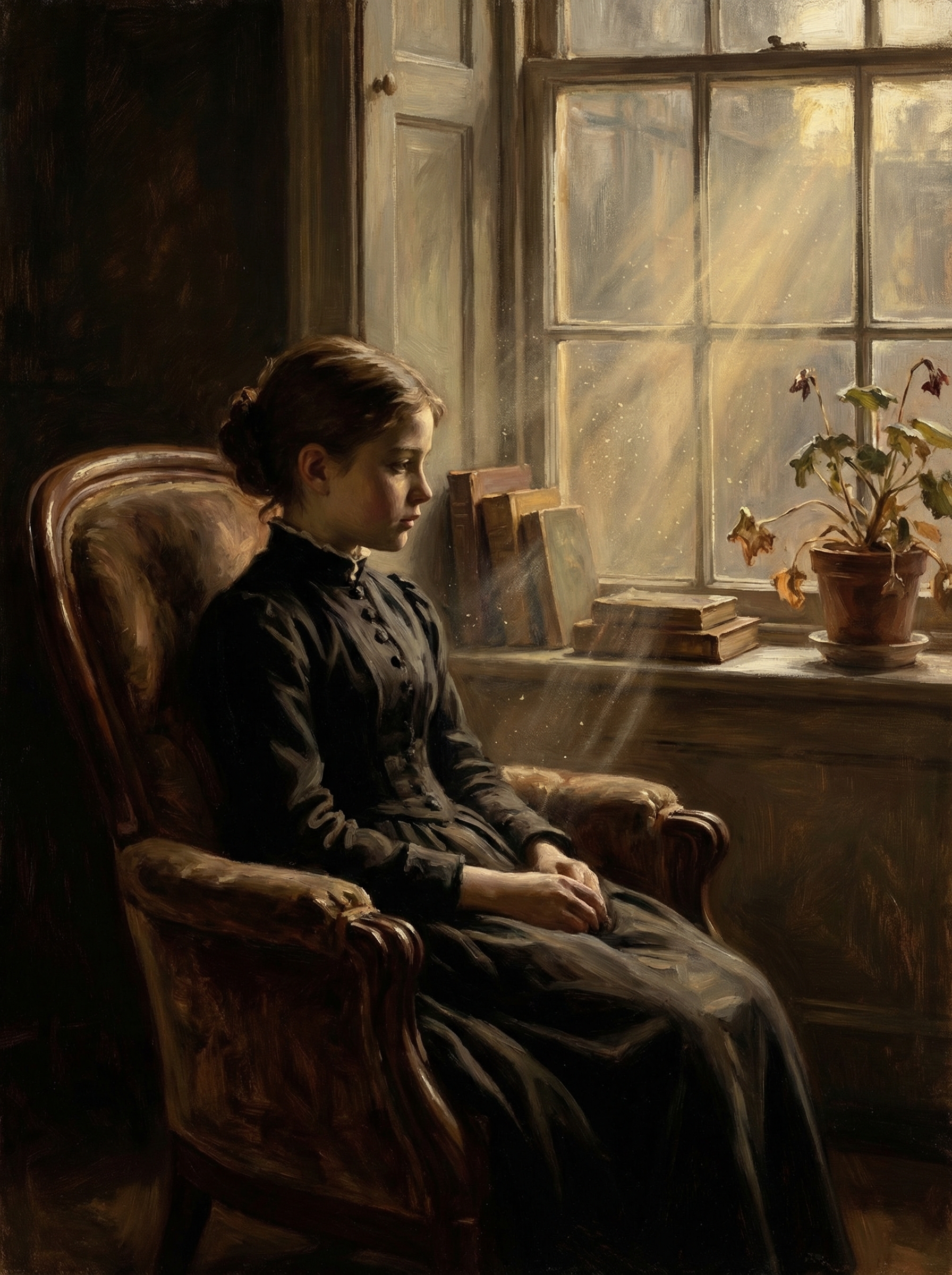 Young girl in a black dress sits in an antique armchair by a sunlit window.
