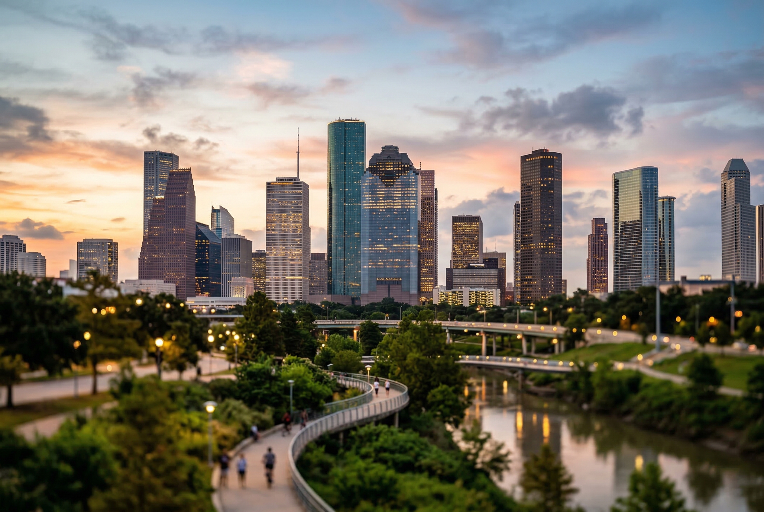City skyline at sunset with a winding riverside path and green park in the foreground.