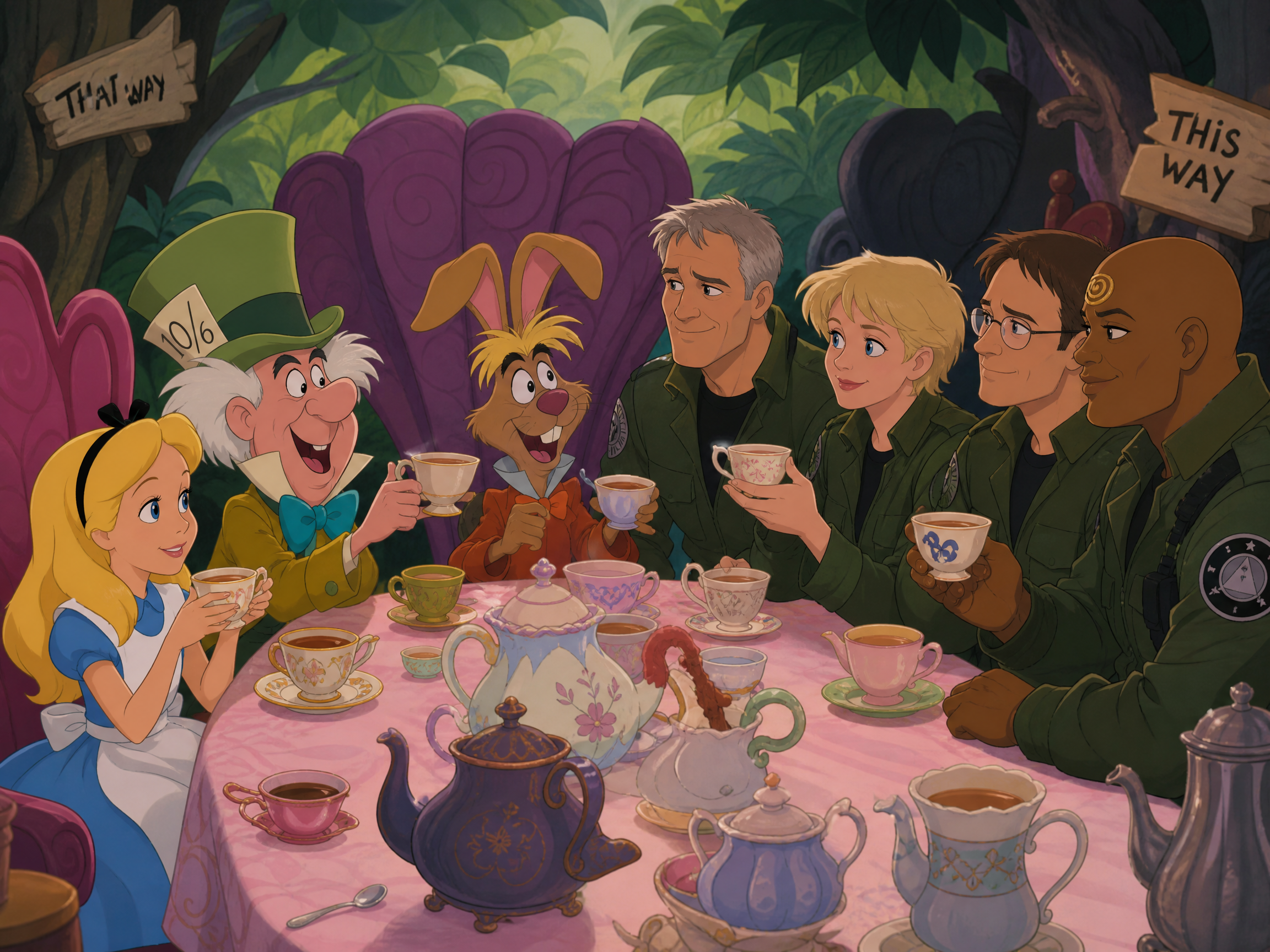 Alice and friends at a whimsical Wonderland tea party with the Mad Hatter and guests around a pink table.