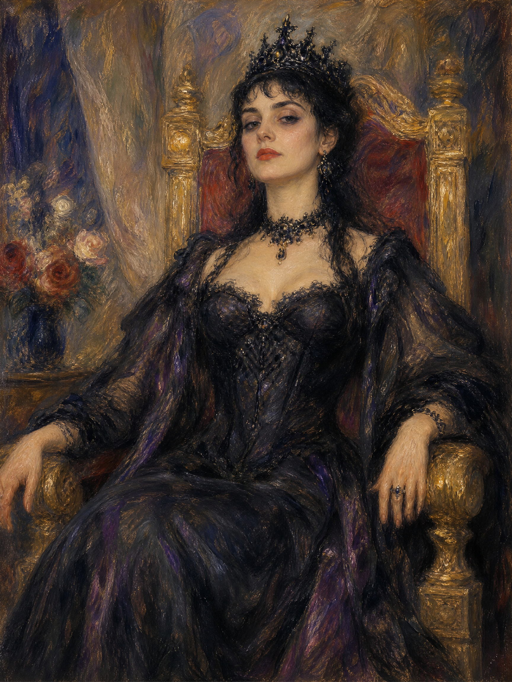 Regal woman in a black lace gown wearing a crown, seated on a gilded throne.