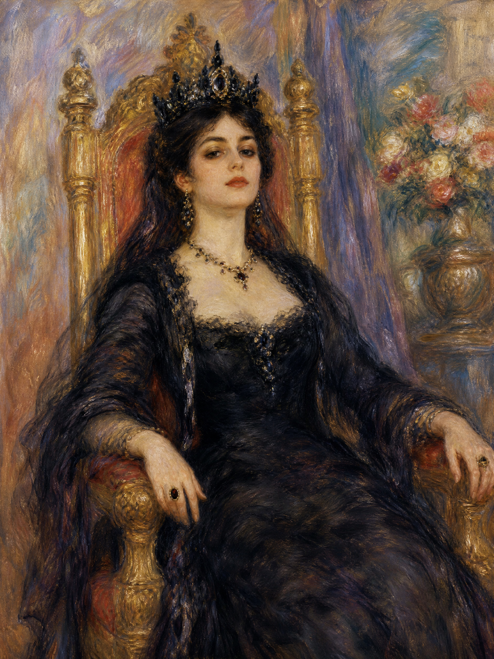 Regal woman in a black lace gown wearing a crown, seated on a gilded throne with impressionist brushwork.
