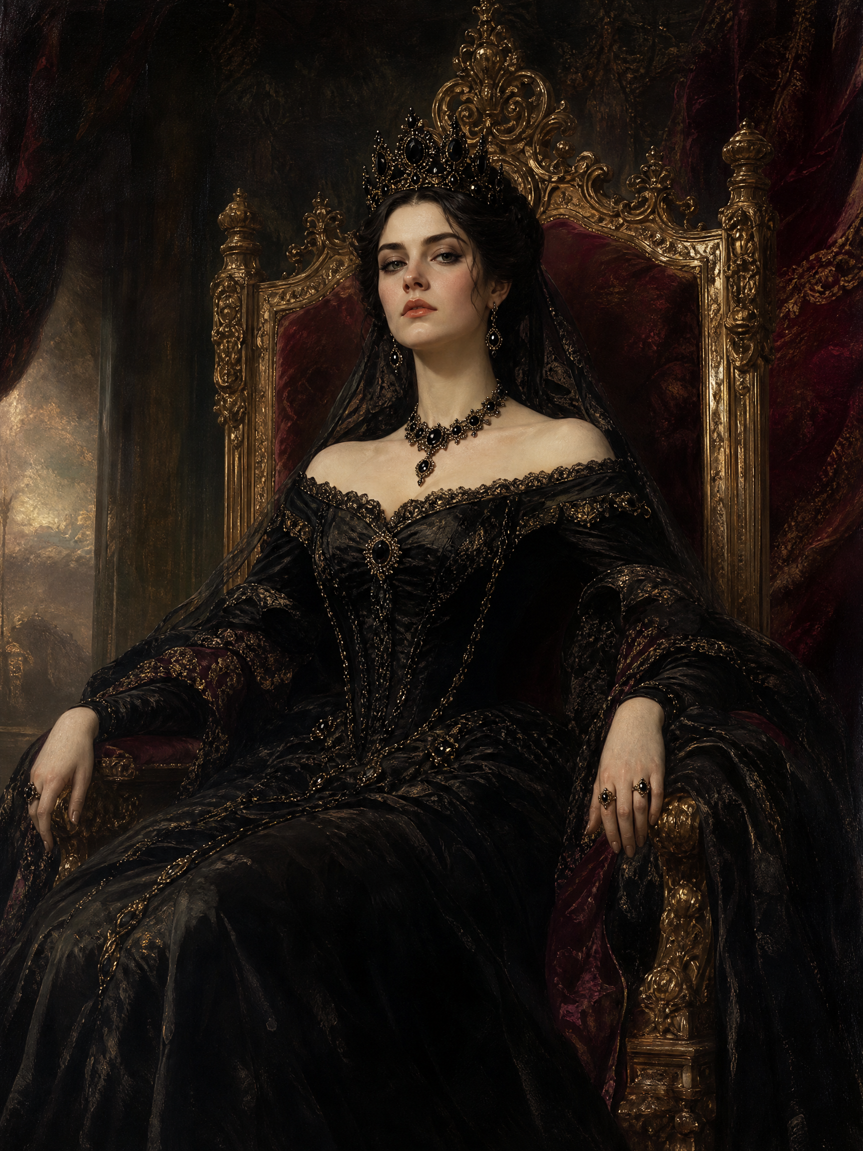 Queen in a black velvet gown with crown seated on a gilded, ornate throne.
