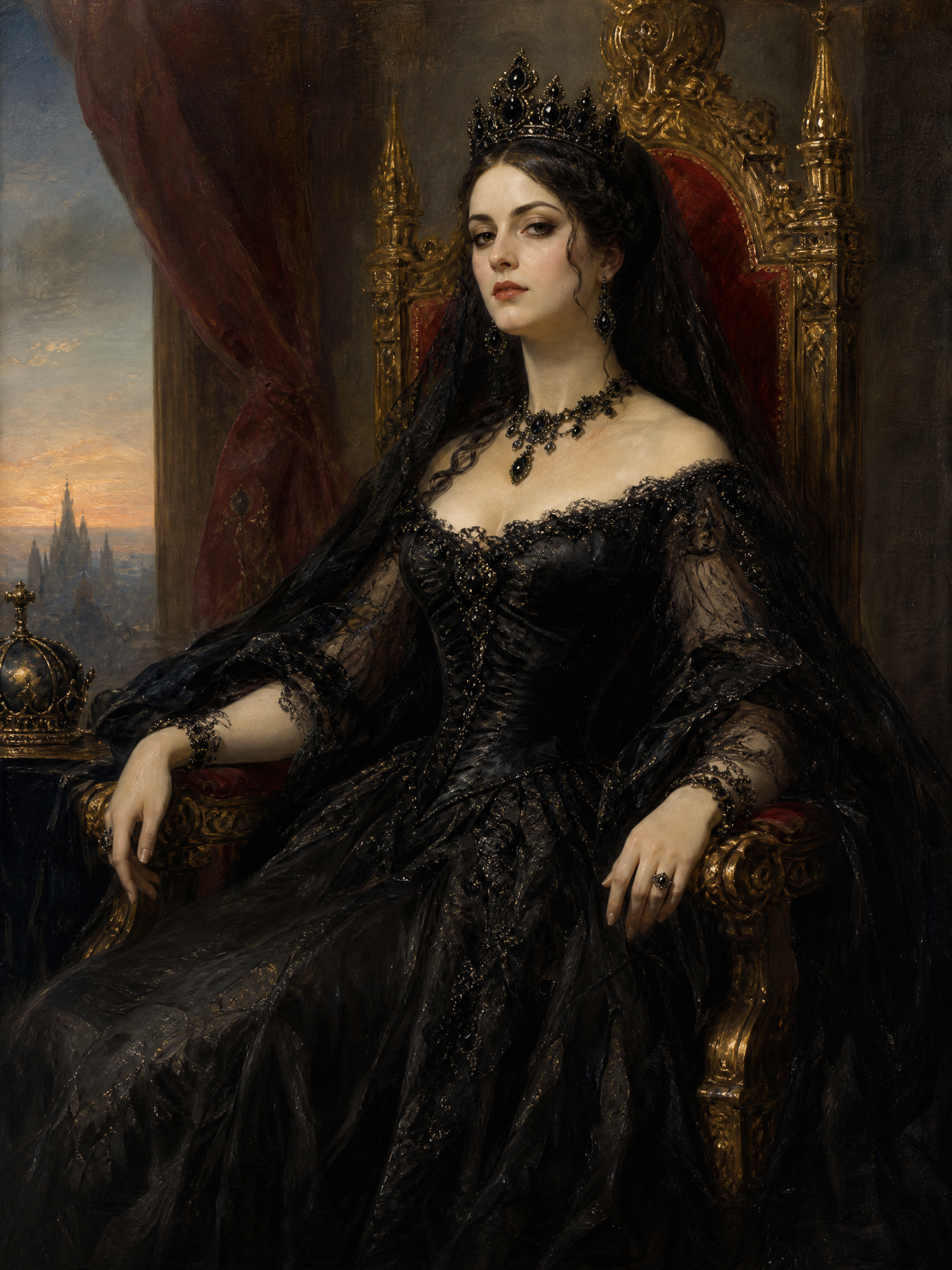 Portrait of a regal woman in a black lace gown and crown seated on an ornate throne.