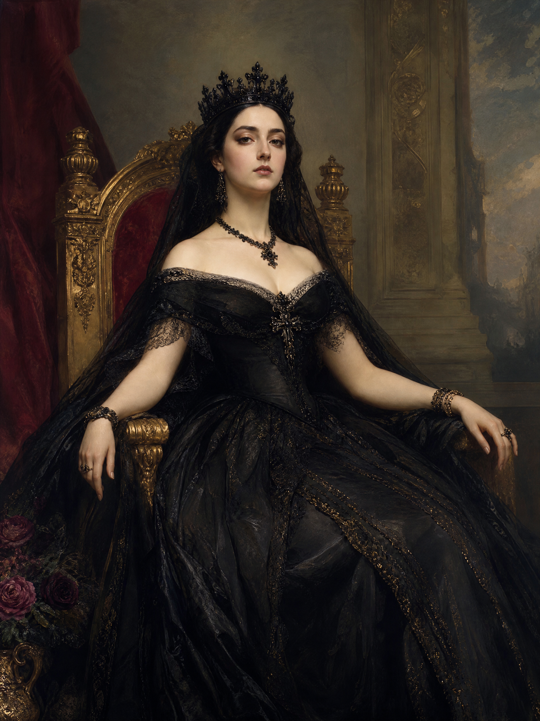 Queen in a black Victorian-style ball gown seated on a gilded throne wearing a crown.