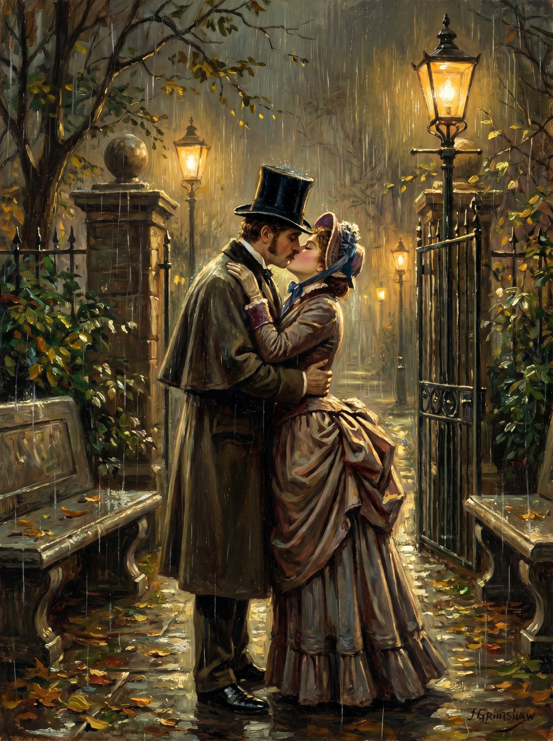 Romantic Victorian couple kissing under street lamps on a rain-soaked park path.