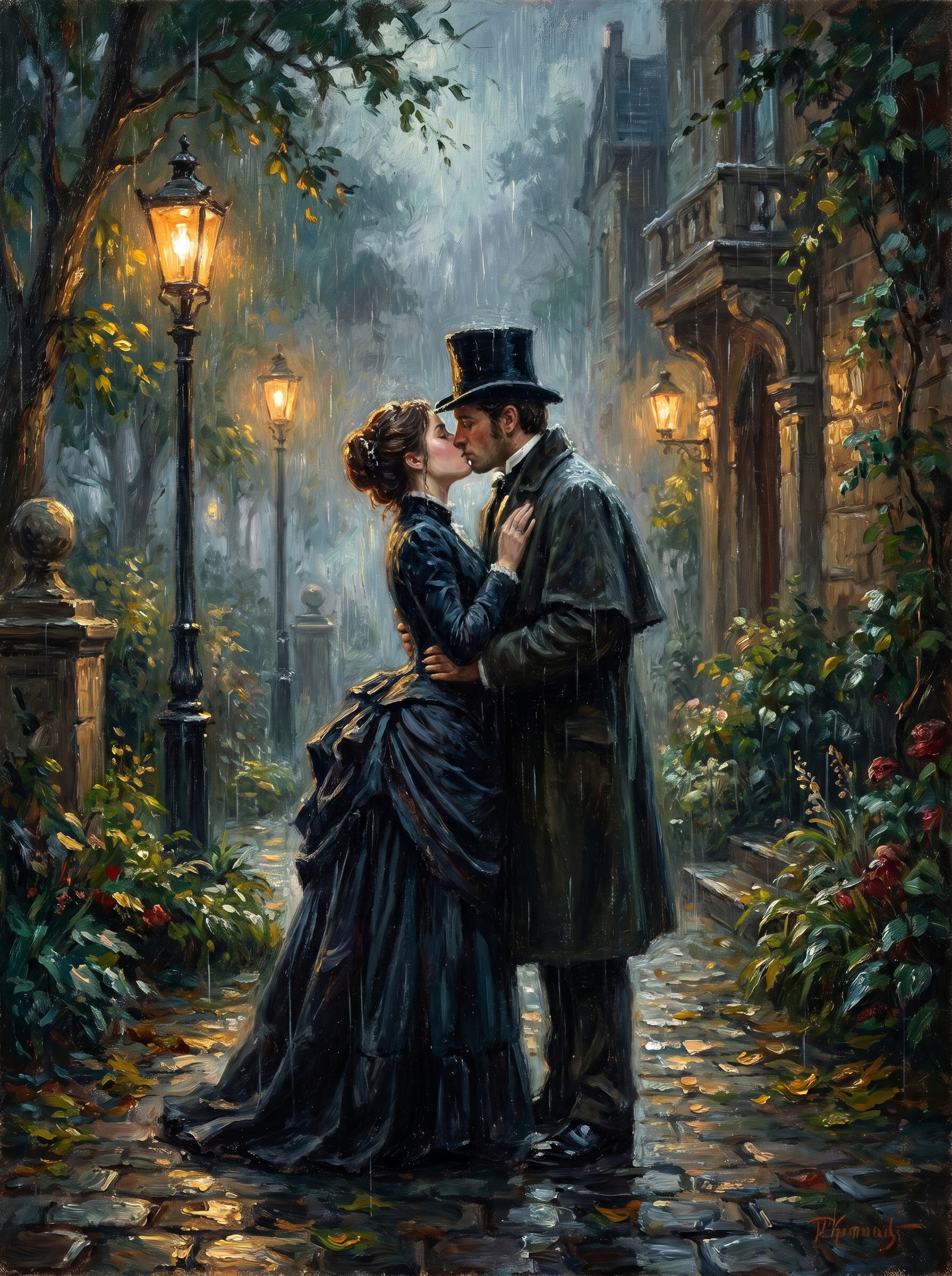 Romantic couple in Victorian attire kissing on a rain-soaked cobblestone street at night.