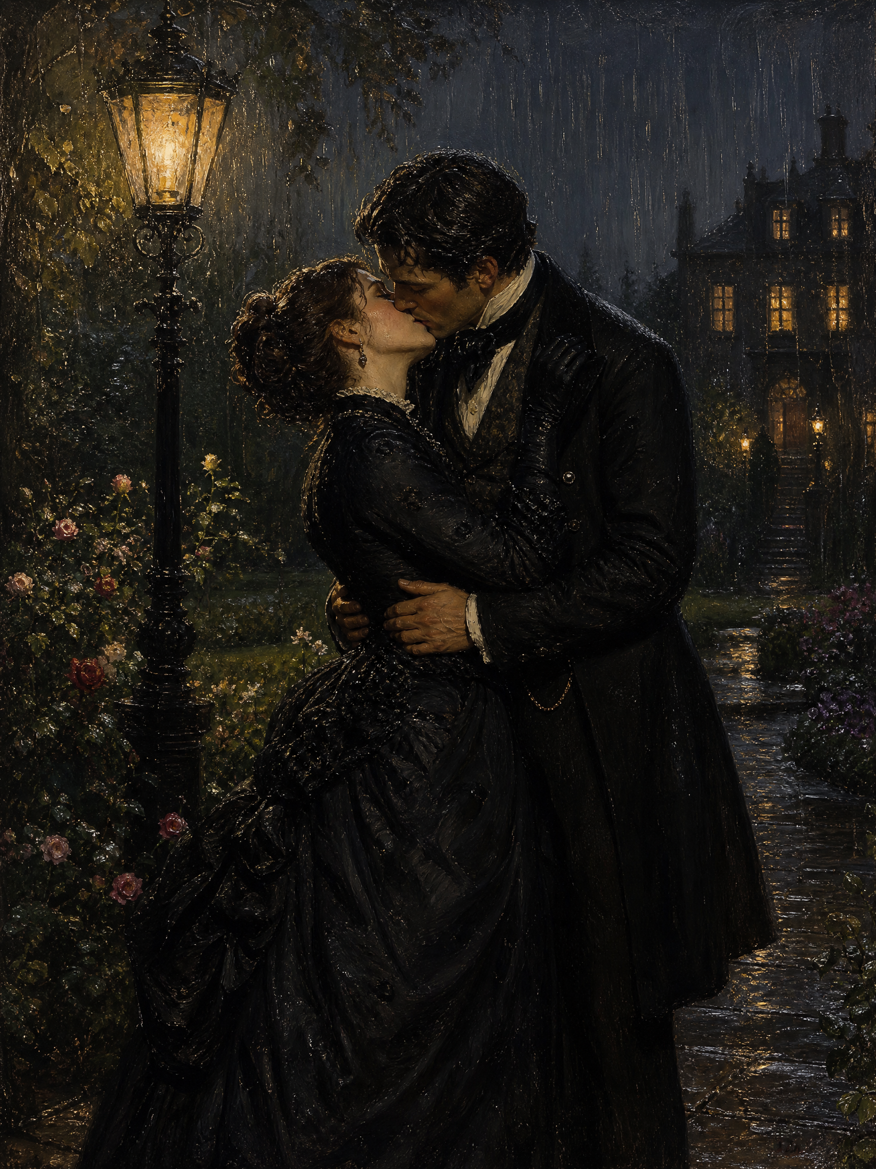 Romantic couple kissing under a streetlamp in the rain, wearing Victorian-era clothing.