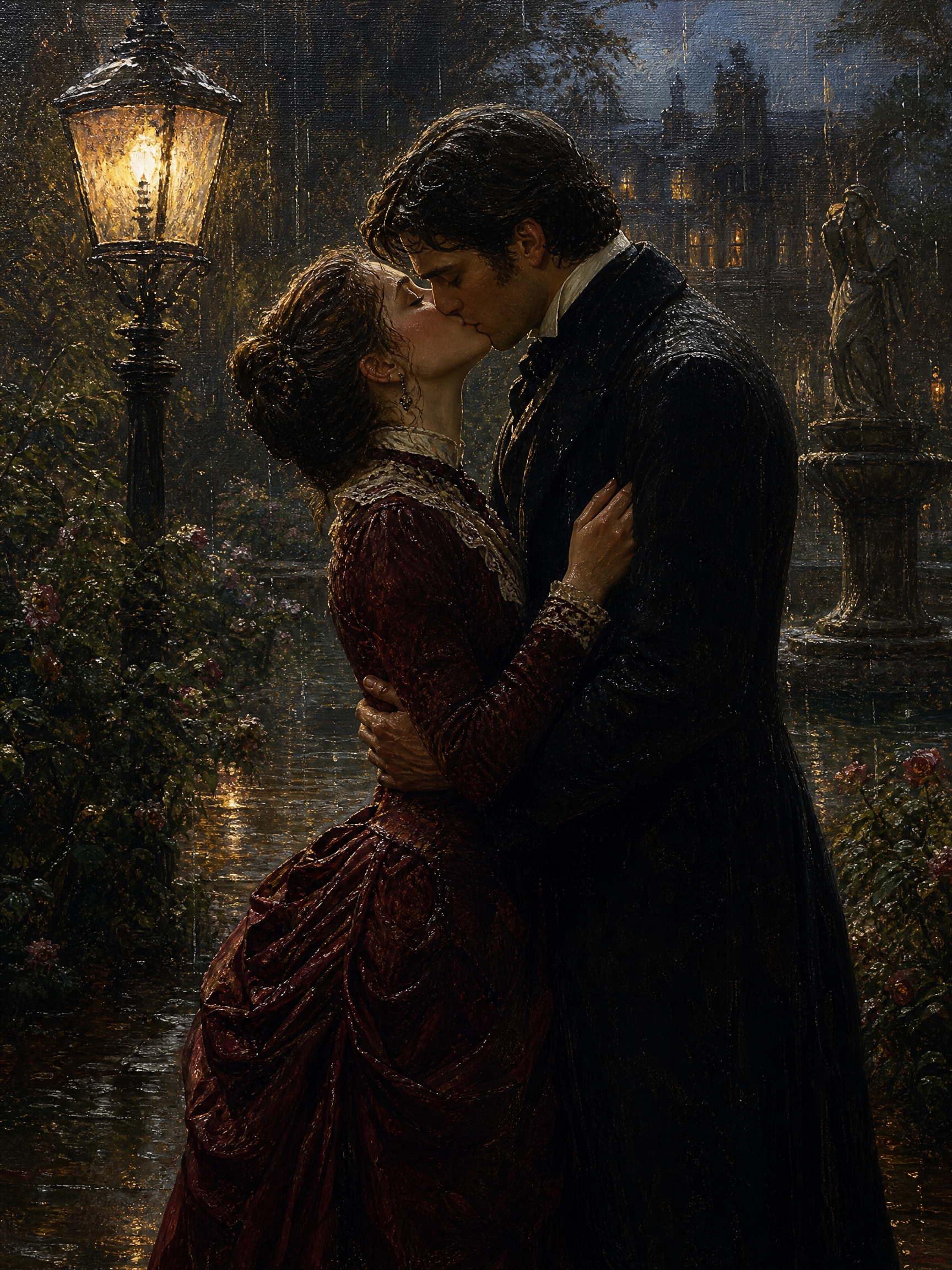 Romantic Victorian-era couple kissing in the rain beside a lit lamppost.