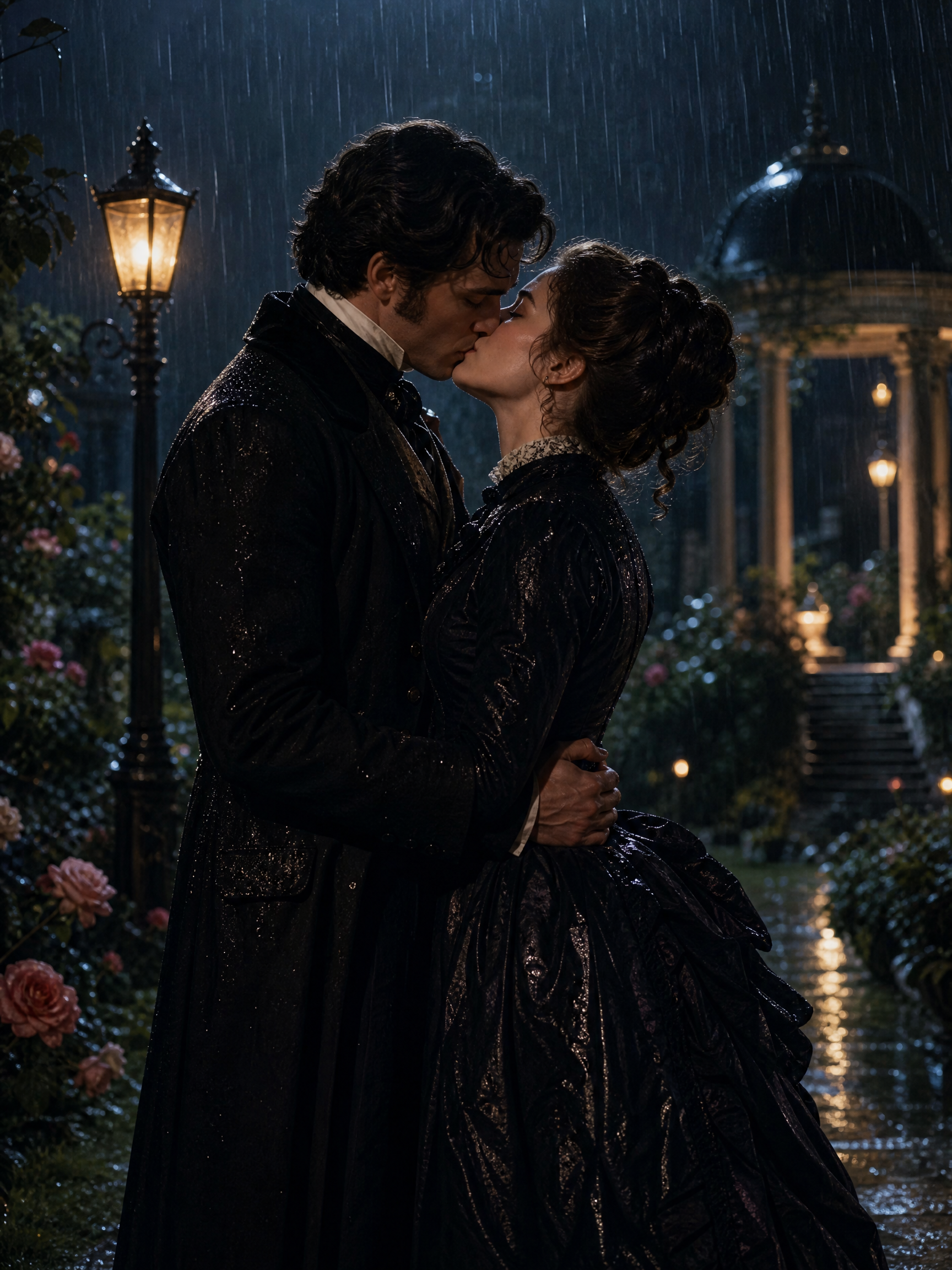 Romantic couple in 19th-century attire kissing in the rain at a candlelit garden gazebo.
