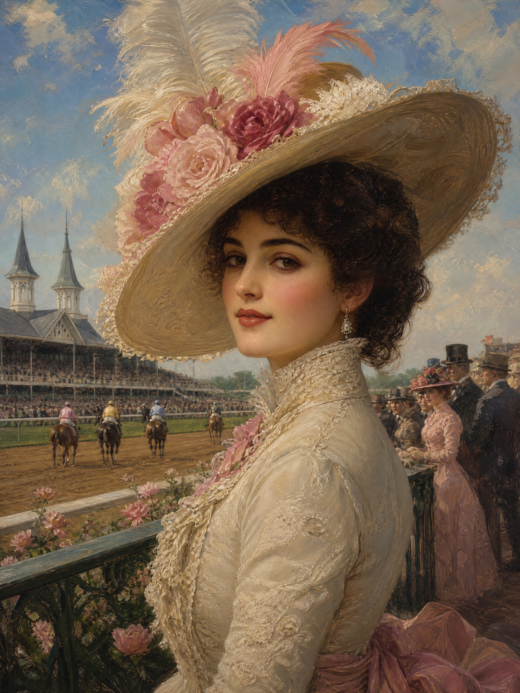 Portrait of a fashionable woman in a lace dress and a wide-brim hat adorned with pink flowers at a horse race.