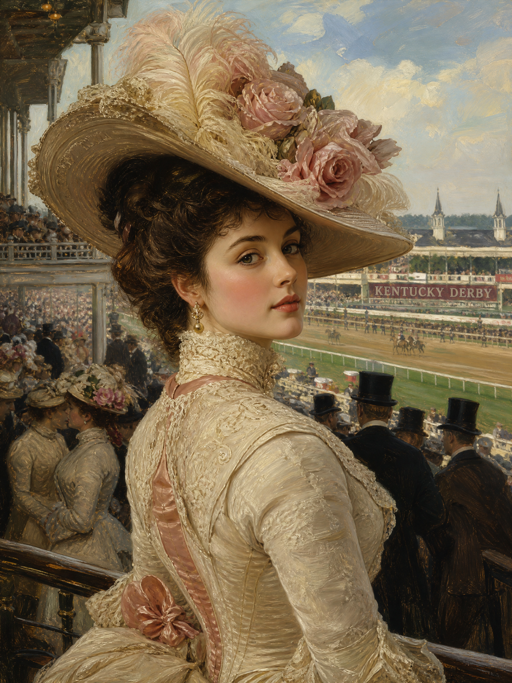 Woman in an ornate Victorian cream dress and large feathered hat at a Kentucky Derby race backdrop.