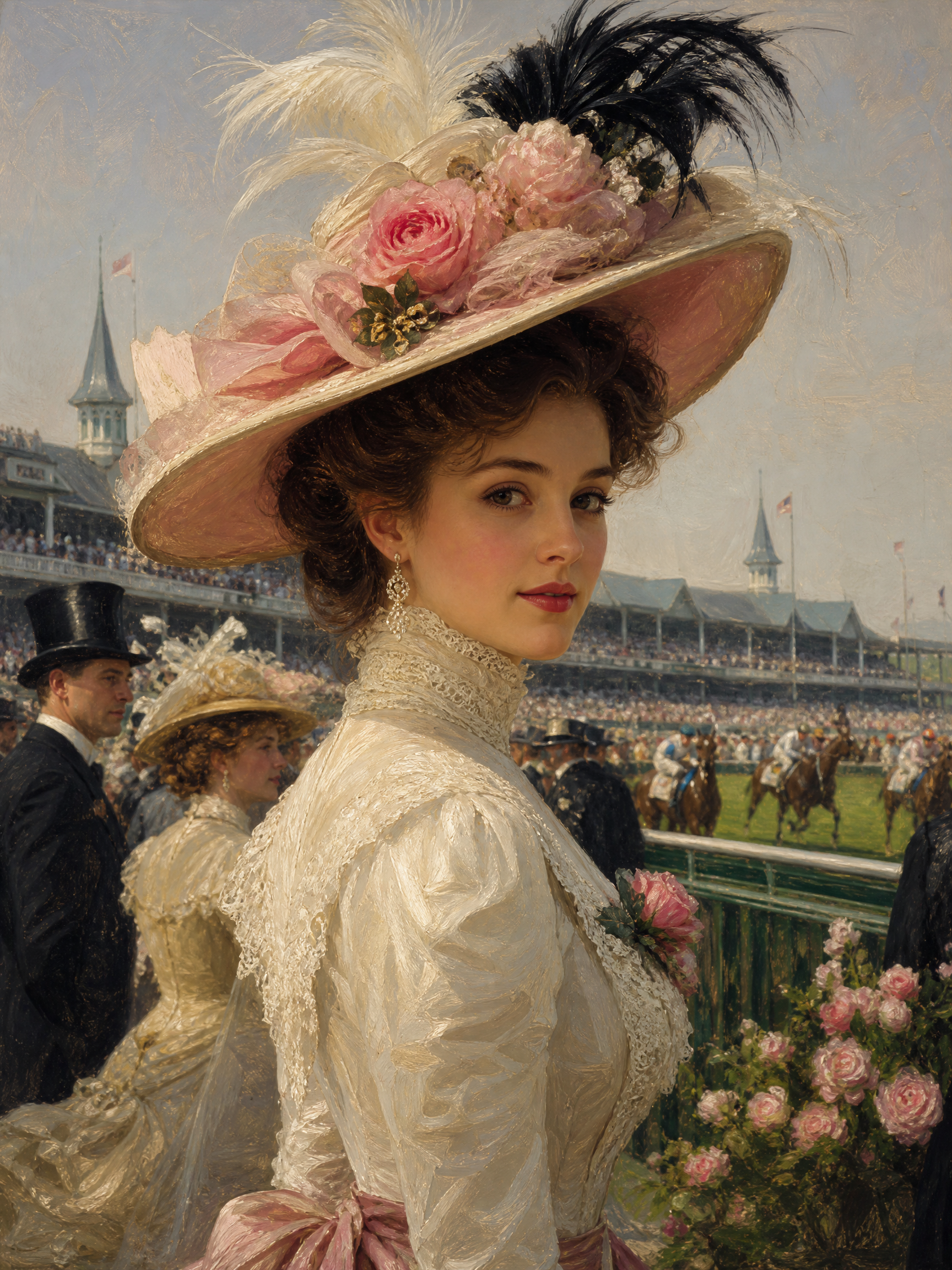 Woman in a large ornate hat with pink roses at a horse racing event.
