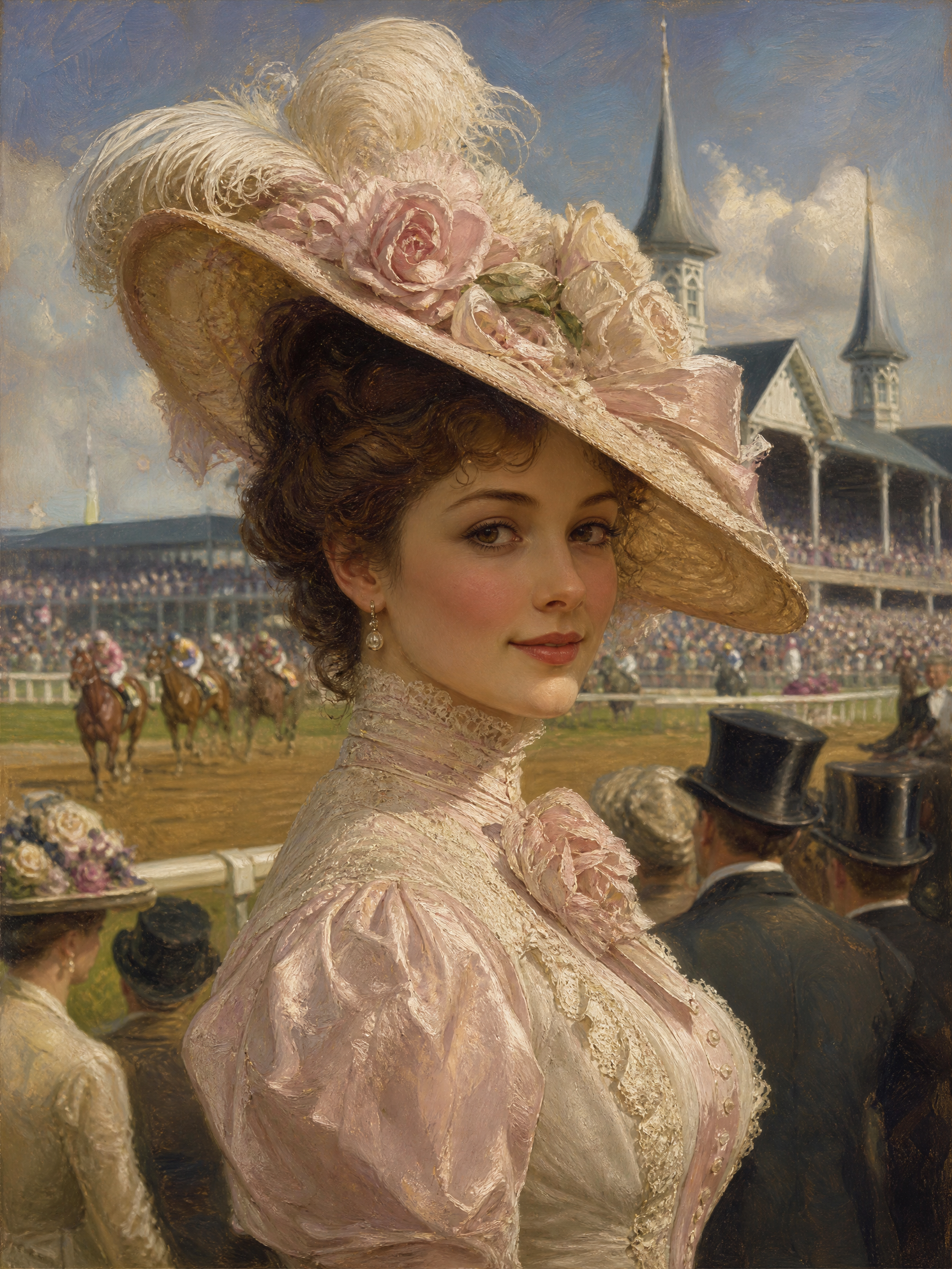 Elegant portrait of a woman in a large feathered hat with pink flowers at a horse racing event.