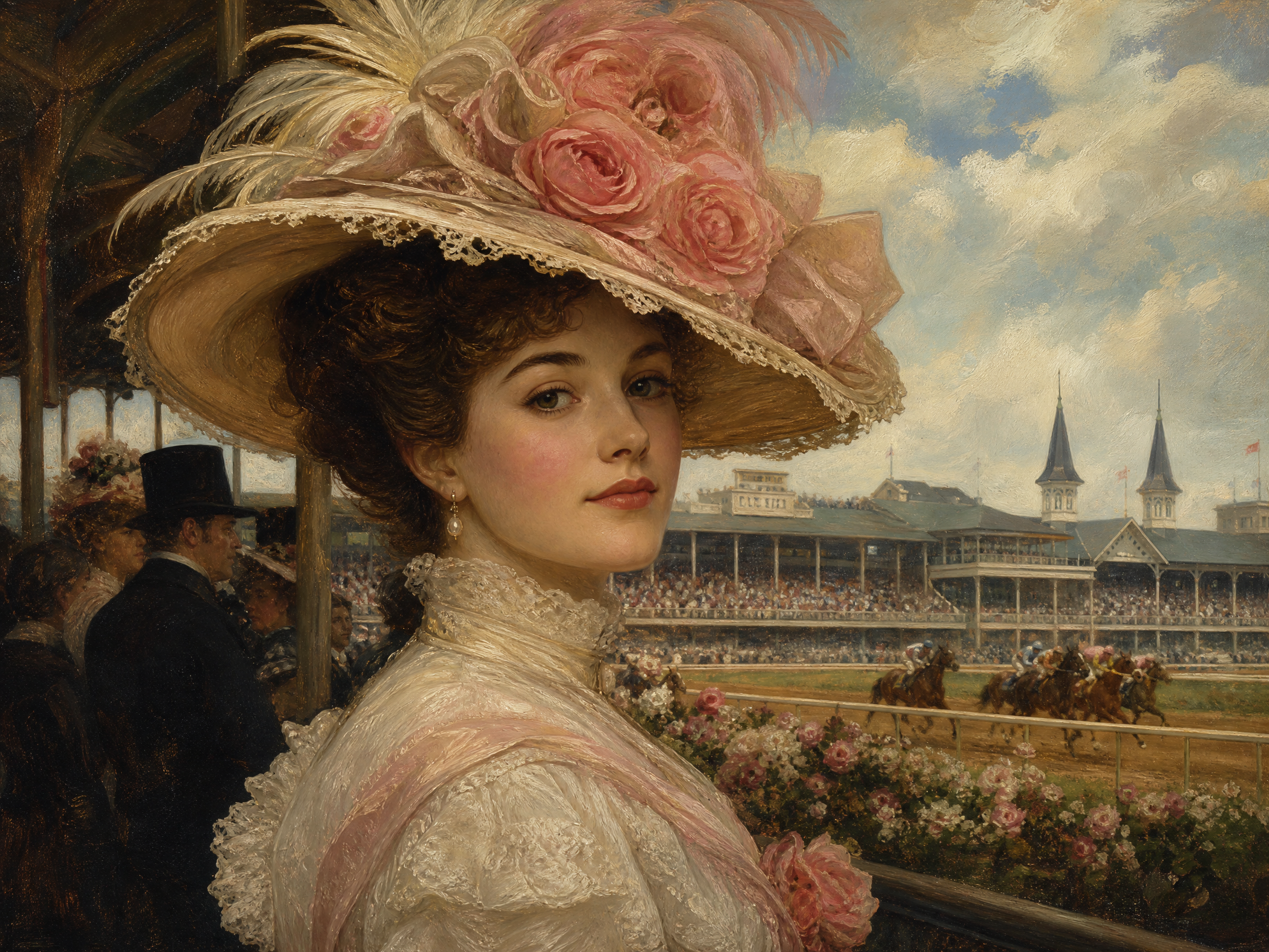 Portrait of a fashionable woman in a large hat with pink roses at a horse racing track.