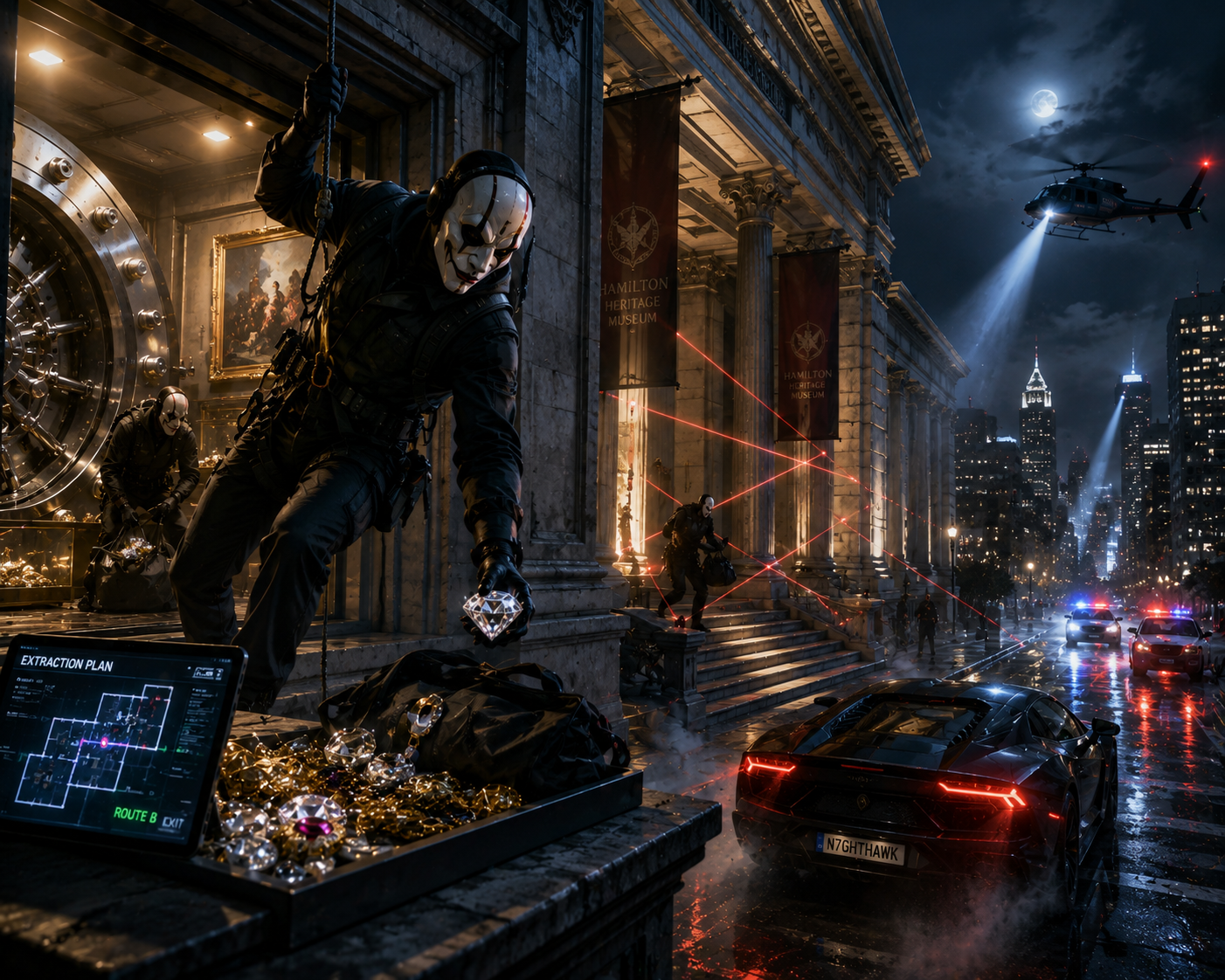 Nighttime museum heist with masked thieves, lasers, and a luxury sports car outdoors.
