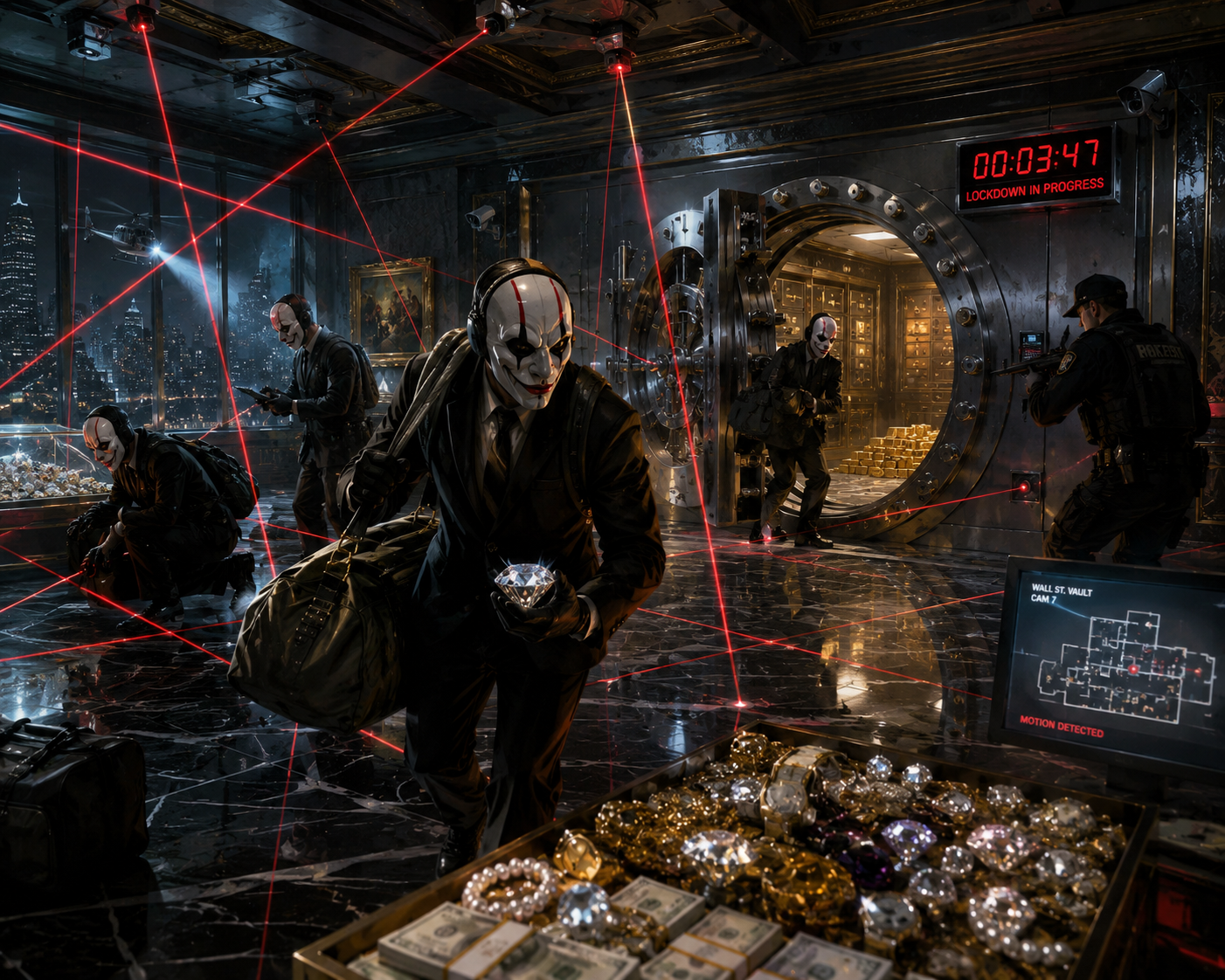 Masked robbers in a high-security vault room with red laser beams and a loot-strewn table.