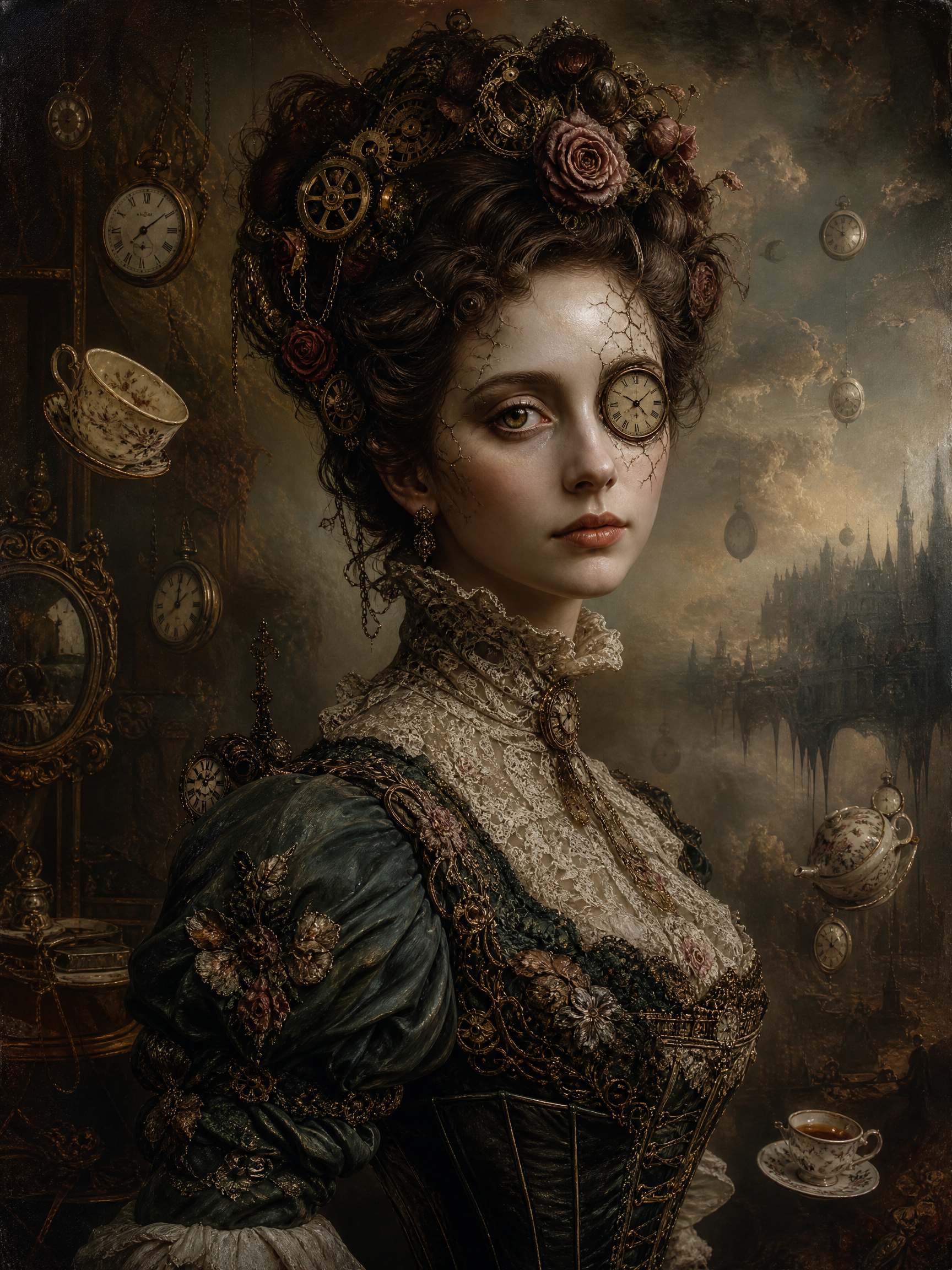 Portrait of a Victorian-era woman with lace dress and corset amidst steampunk gears and clocks.