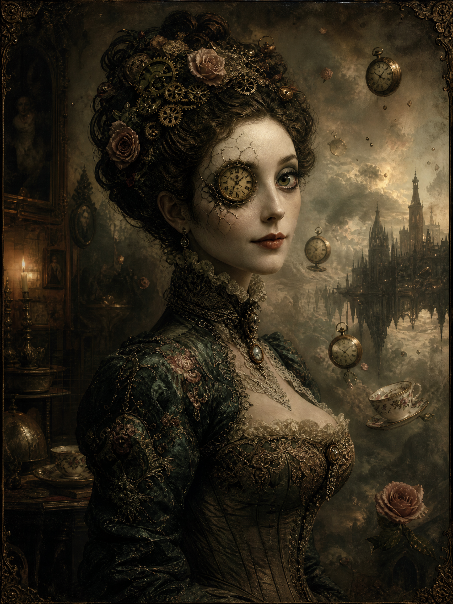 Woman in vintage steampunk dress with cracked clock eye and floating pocket watches.