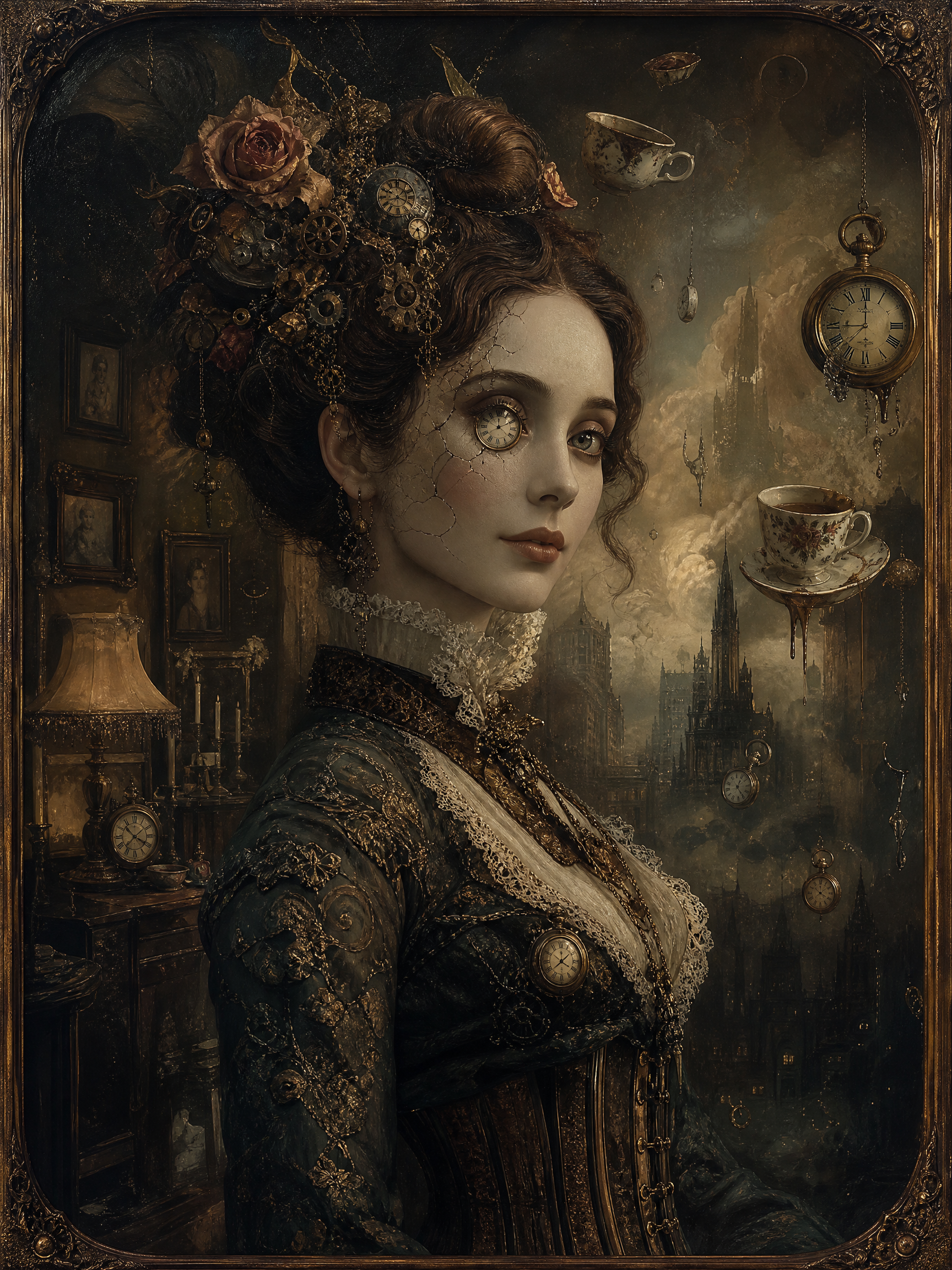 Steampunk-portrait of a Victorian woman with gears, lace, and clocks in a moody, ornate setting.
