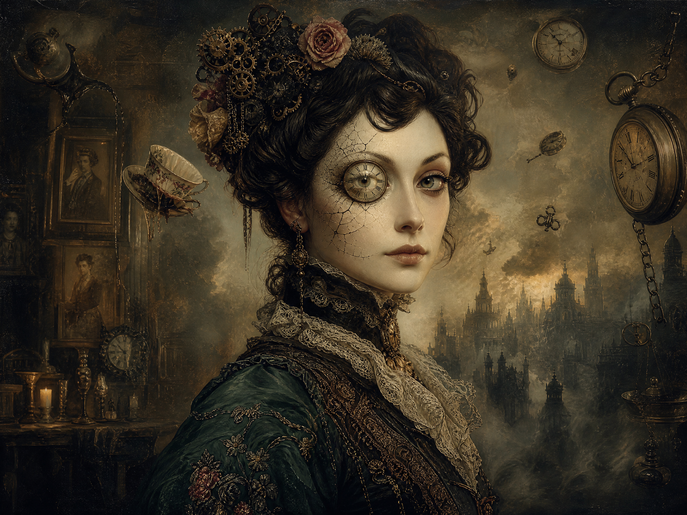 Victorian-era woman with a cracked porcelain face and a clockwork eye, ornate lace dress surrounded by gears and clocks.