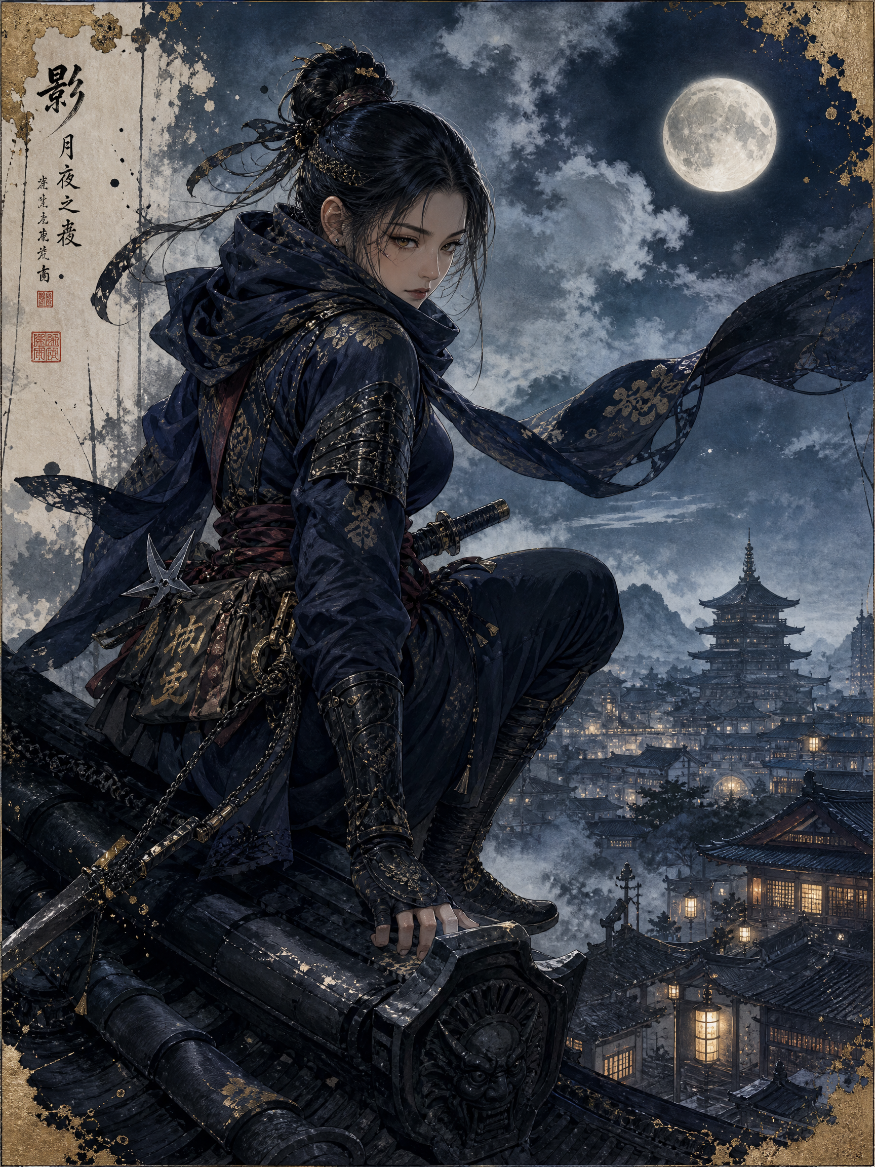 Female wuxia warrior in dark blue armor perched on a rooftop under a full moon over an ancient Chinese city.
