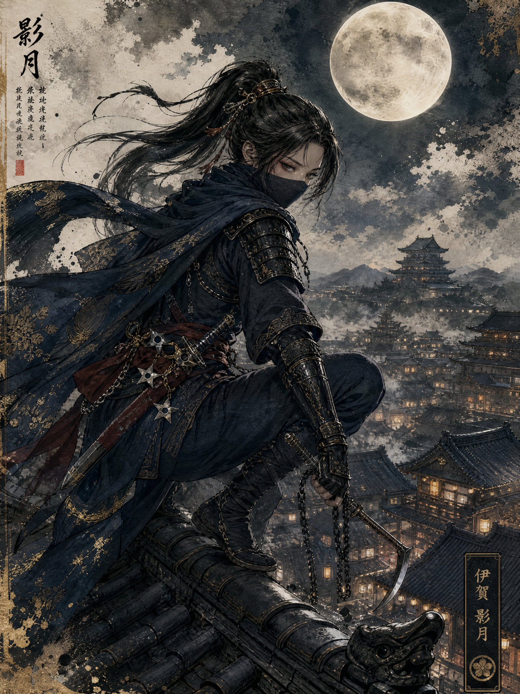 Dark-clad ninja perched on a rooftop under a full moon, overlooking a moonlit, ancient Asian city.