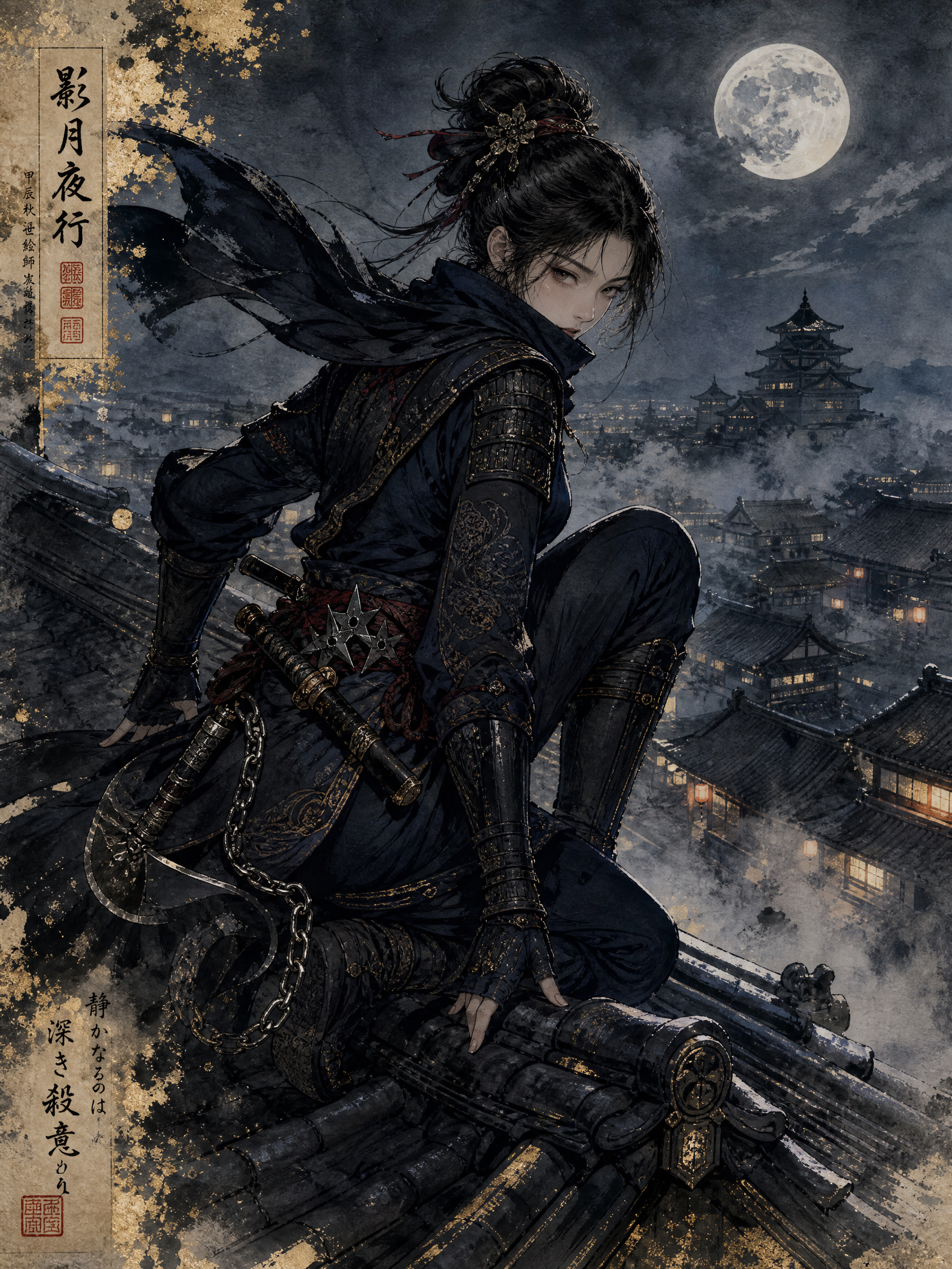 Dark ninja warrior perched on a tiled rooftop under a full moon over a misty East Asian city.