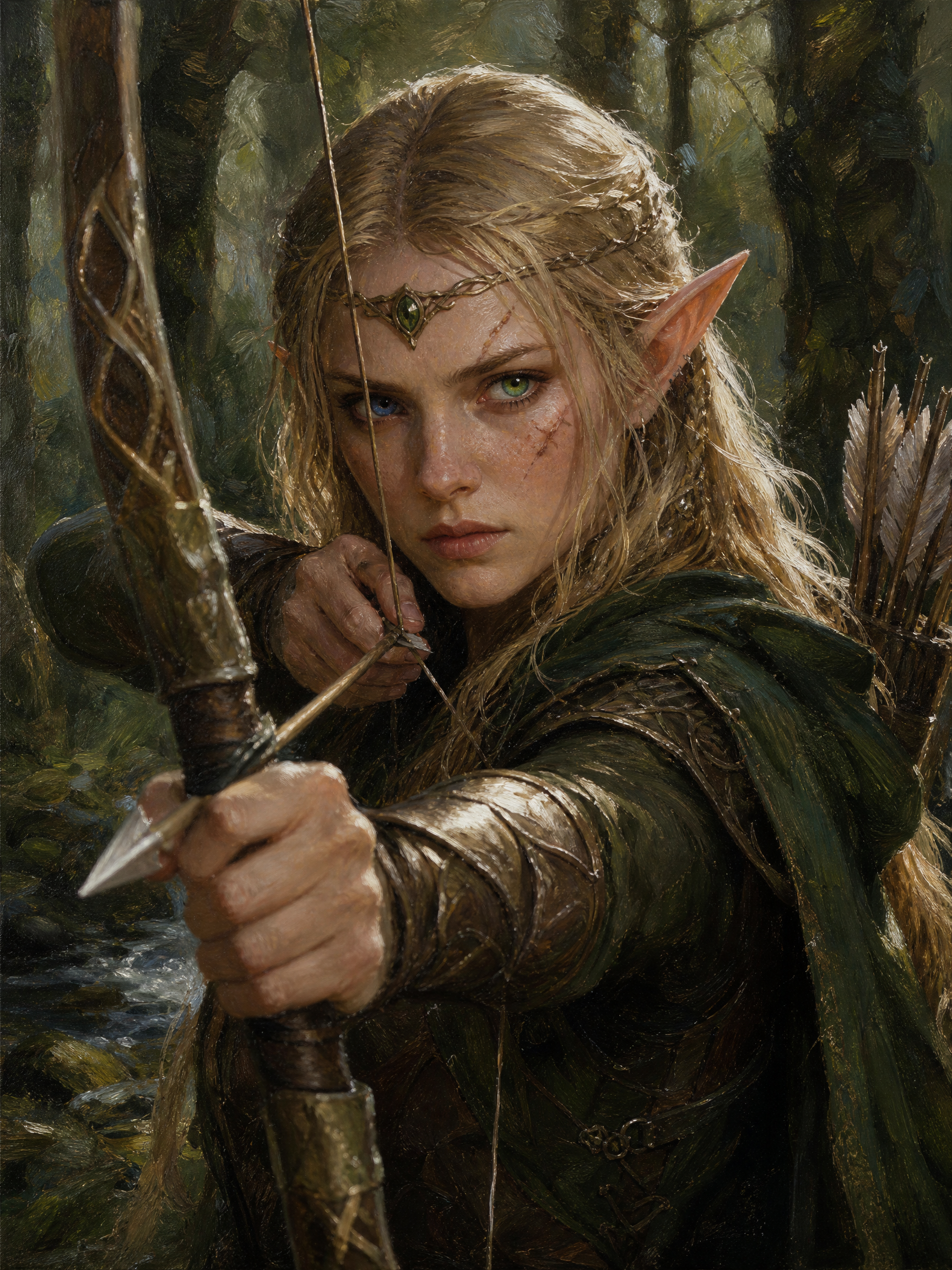 Elven archer with bow drawn in a forest, wearing a green cloak and jeweled headpiece.