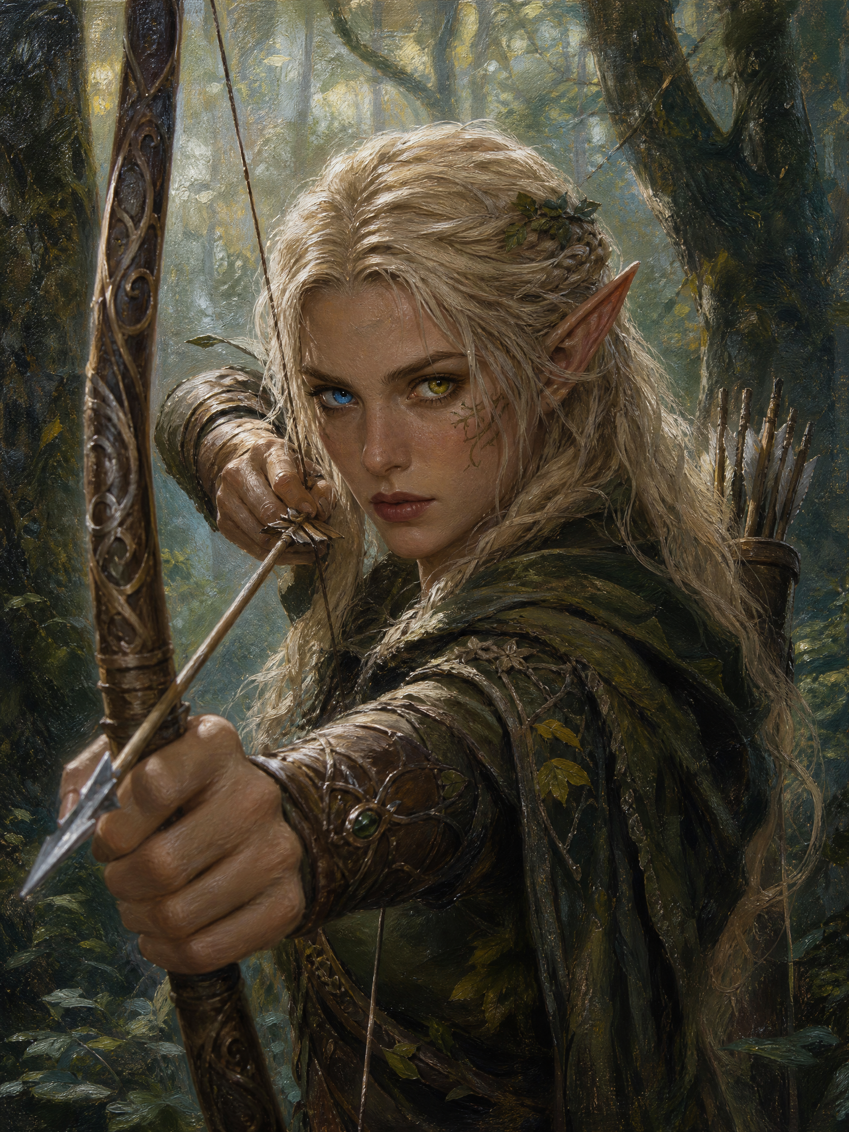 Fantasy elf archer aiming with a carved bow in a mossy forest.