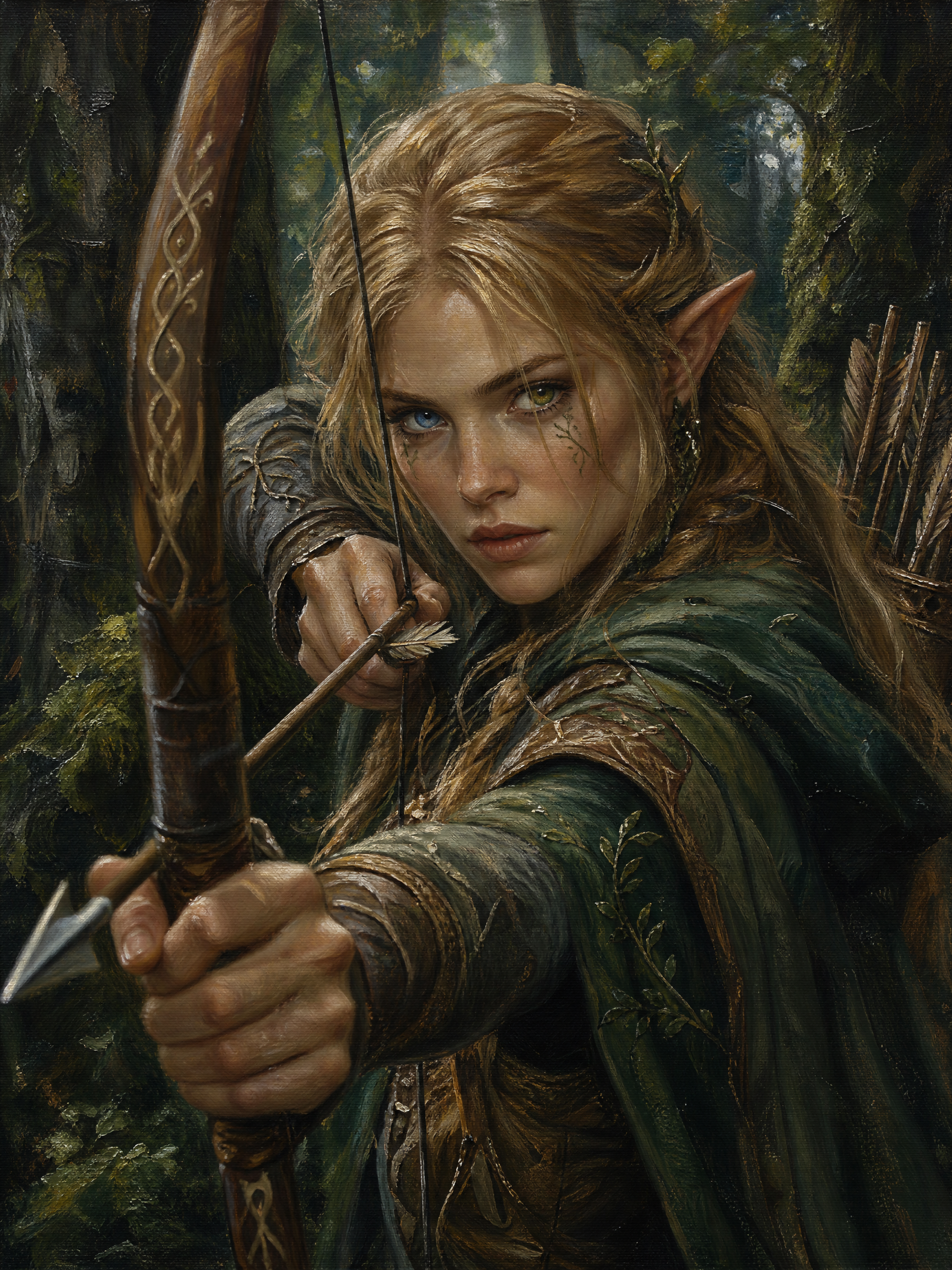 Elf archer drawing a bow in a dense forest, intense gaze, green cloak and intricate bow details.