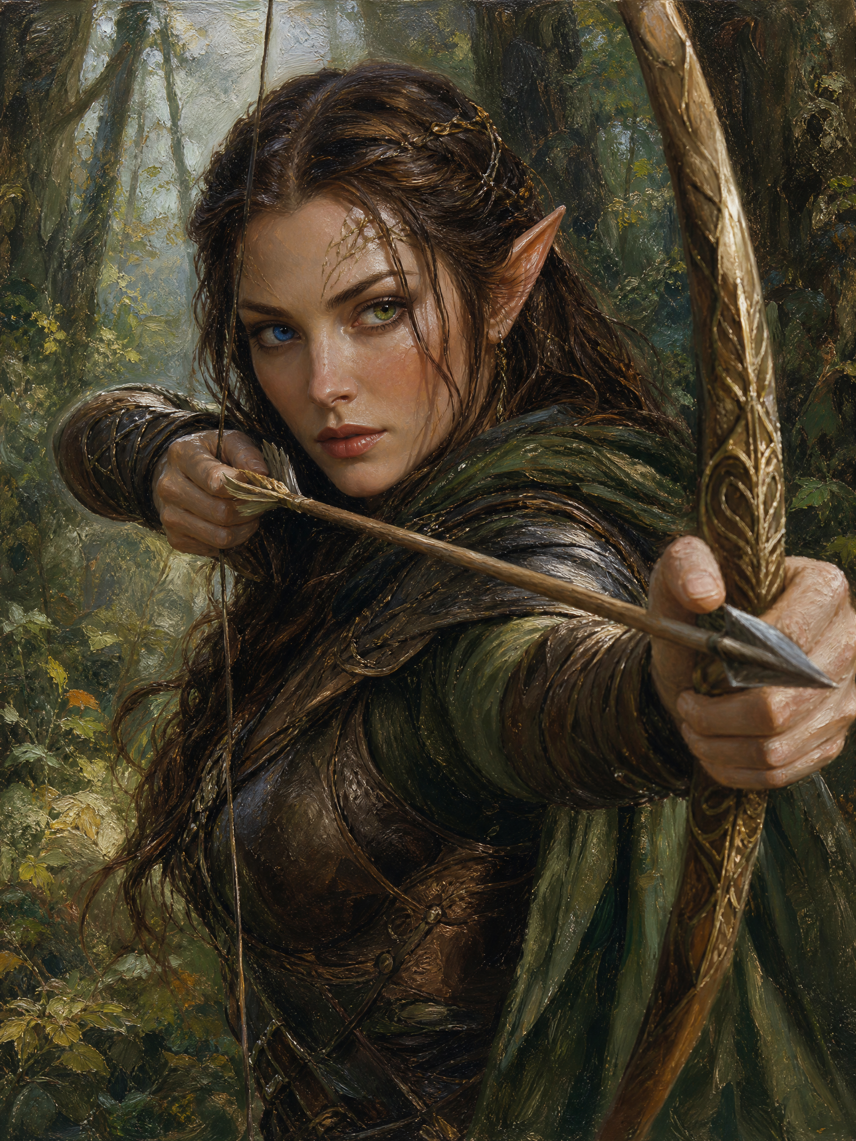 Fantasy elf archer drawing a bow in a dense forest