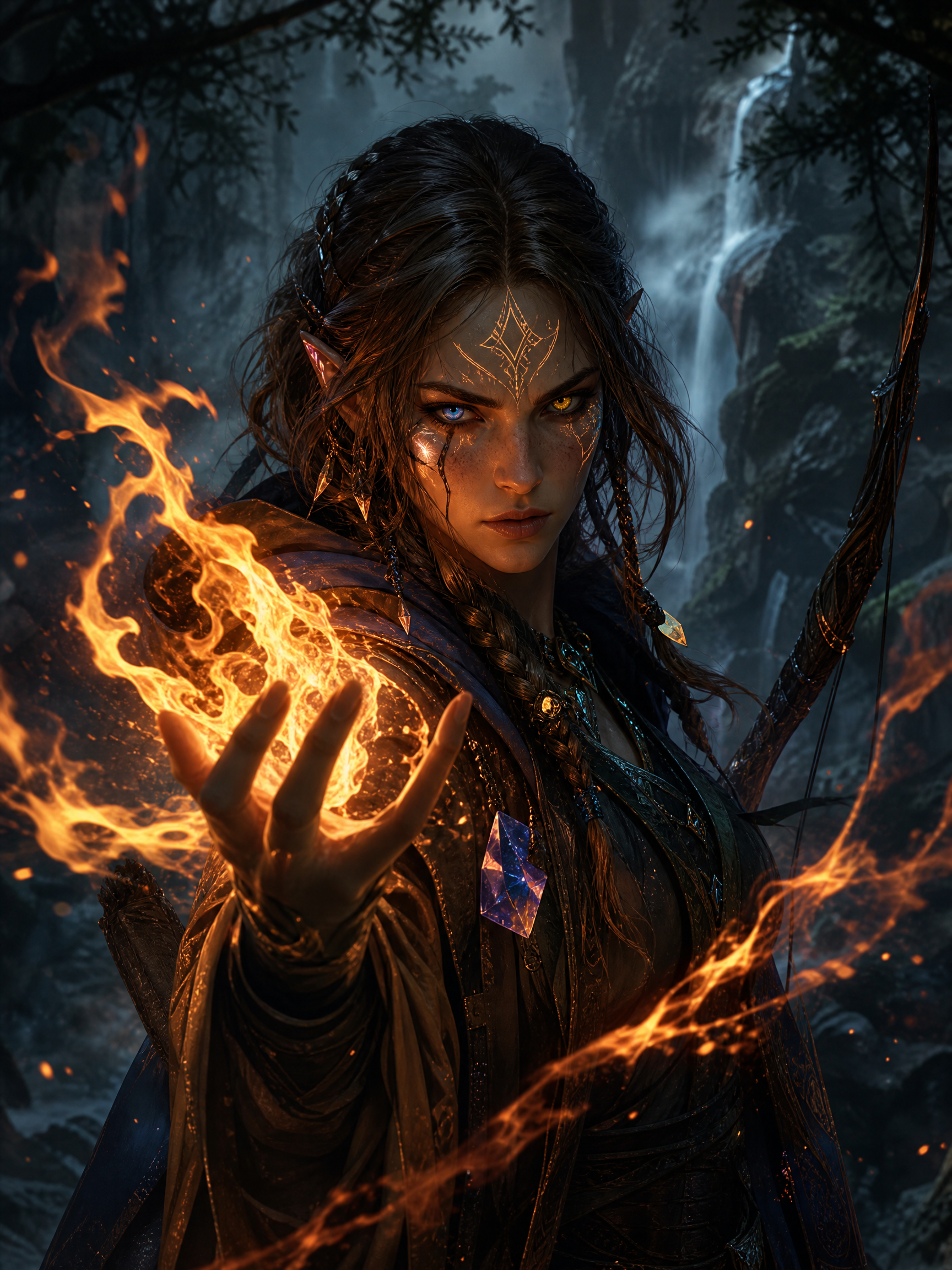 Fantasy elf sorceress with fire magic, glowing eyes, and glowing rune on the forehead.