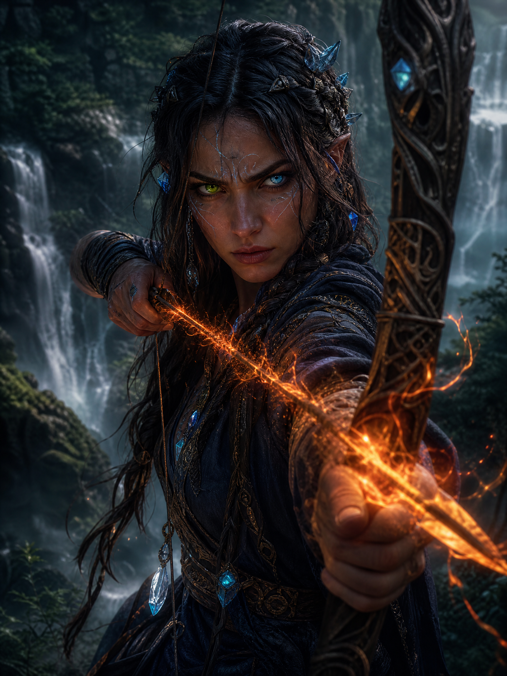 Fantasy archer woman drawing glowing orange energy from a bow against a waterfall backdrop.
