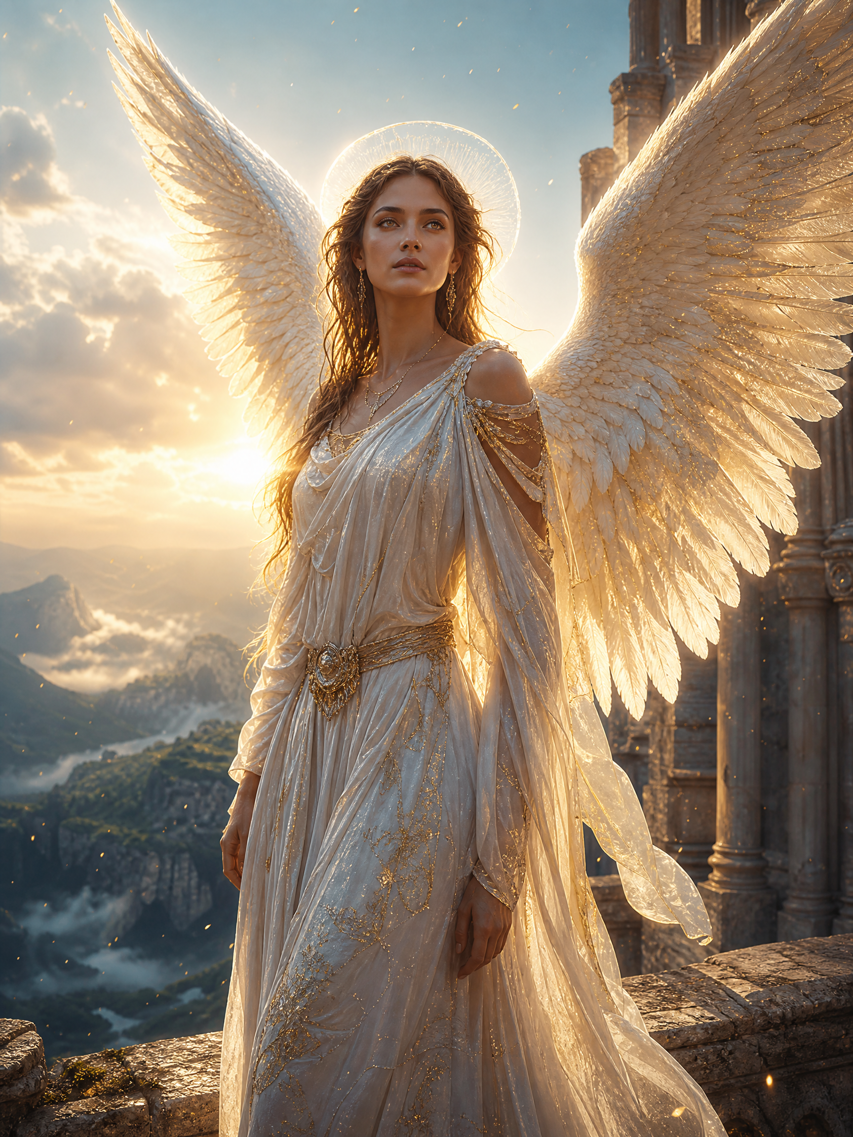 Beautiful angel woman with large white wings in a flowing gown bathed in golden sunrise on a cliffside ruin.