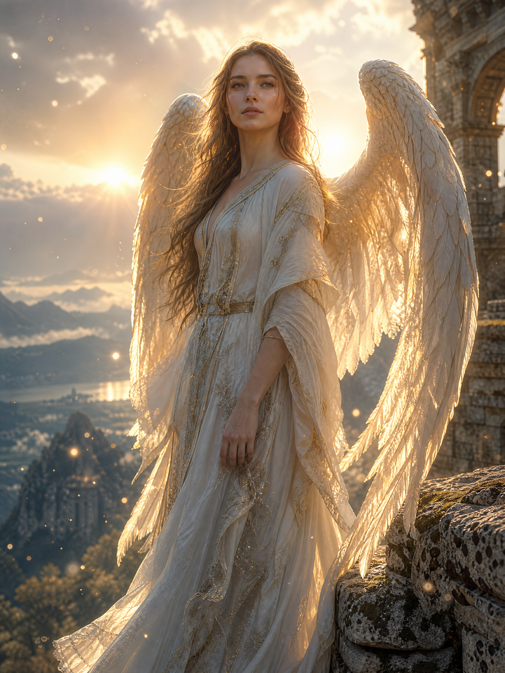 Angelic woman with large white wings stands on an ancient stone terrace at golden hour.