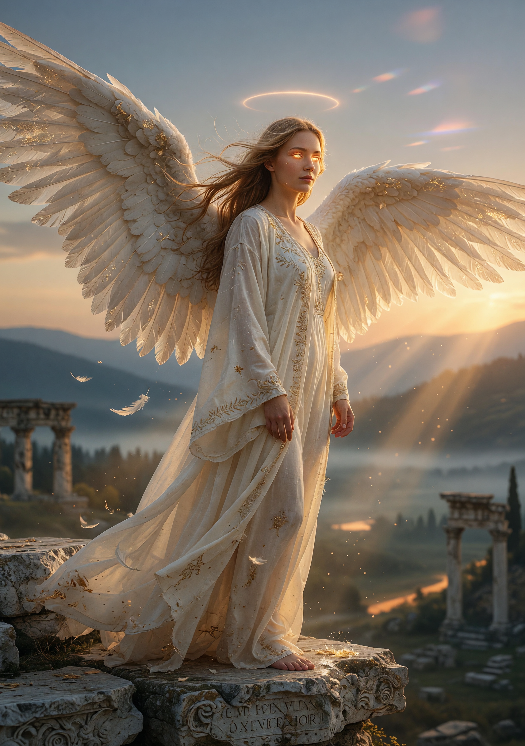 Angel with white wings and halo standing on ancient ruins at sunset.