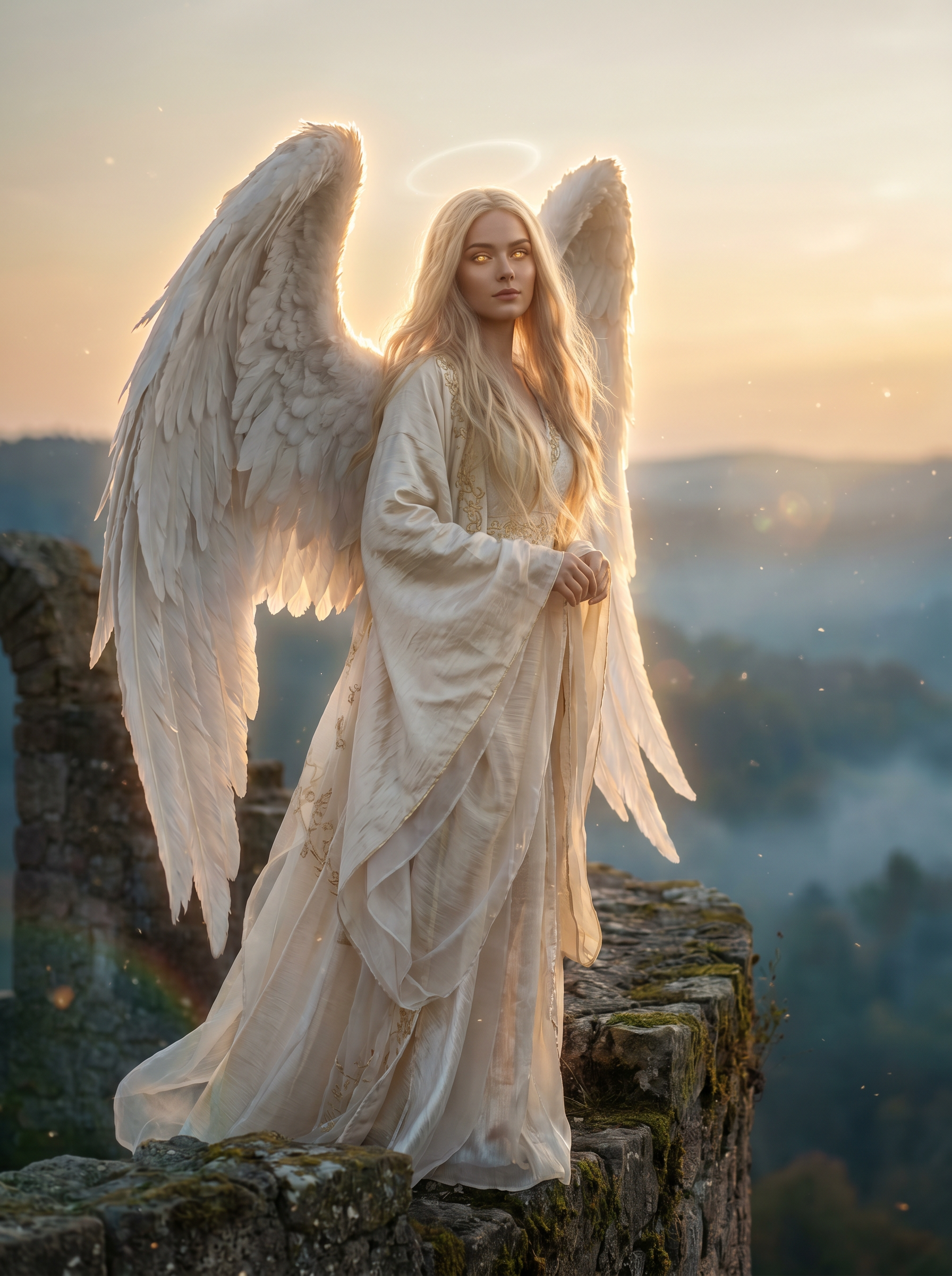 Angelic figure with large white wings and halo on a stone ledge at sunset.
