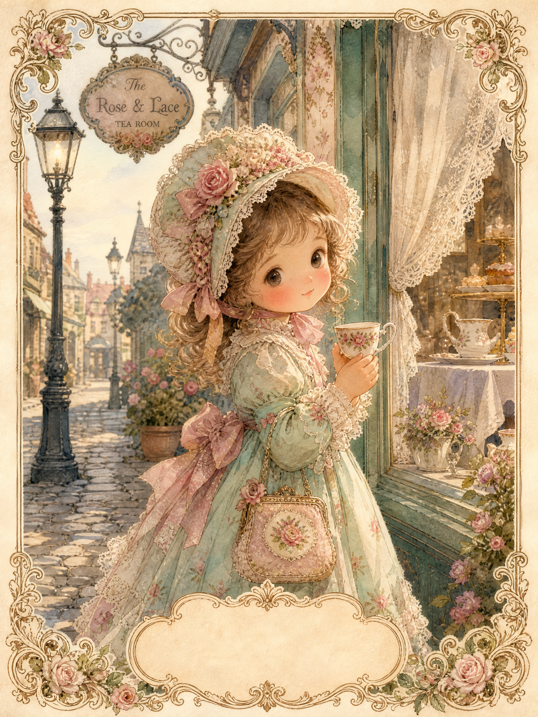 Vintage illustration of a young girl in a pastel lace dress holding a teacup outside a lace-adorned tea room.