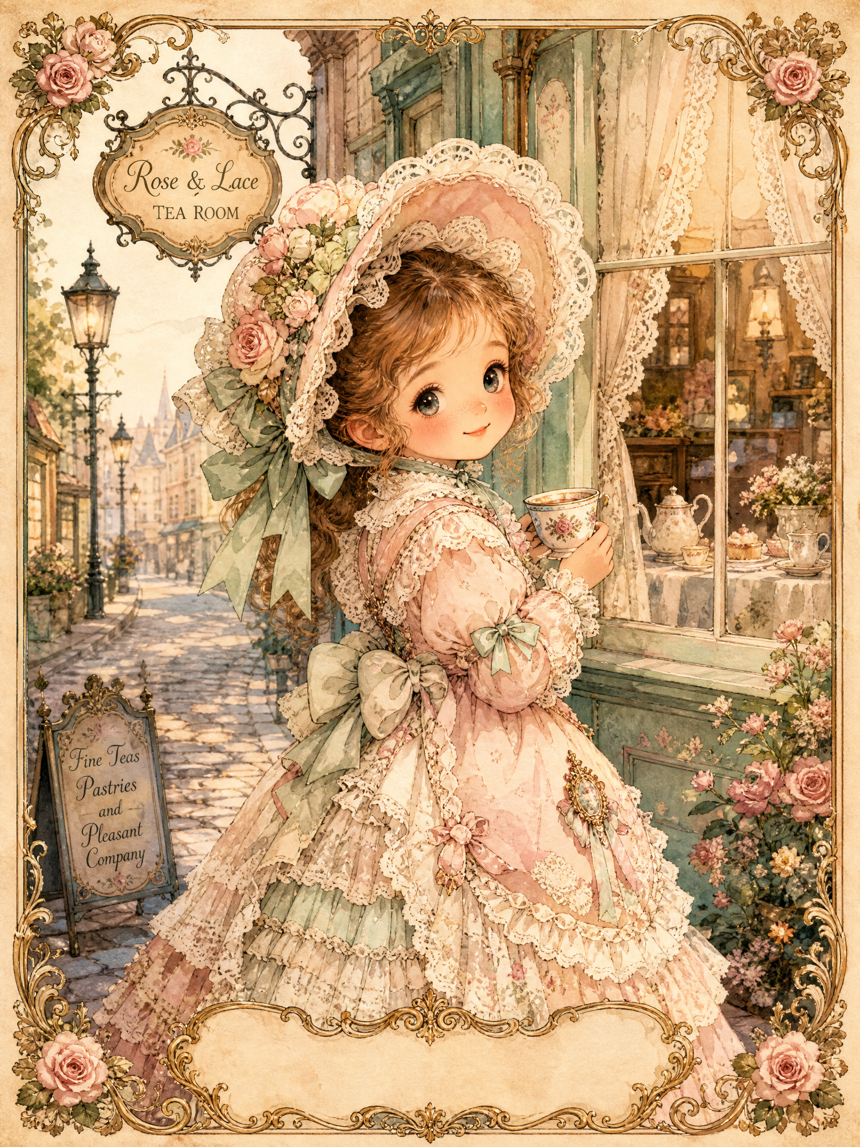 A cute girl in a pastel pink lace Victorian dress with bonnet holds a teacup outside a tea room.