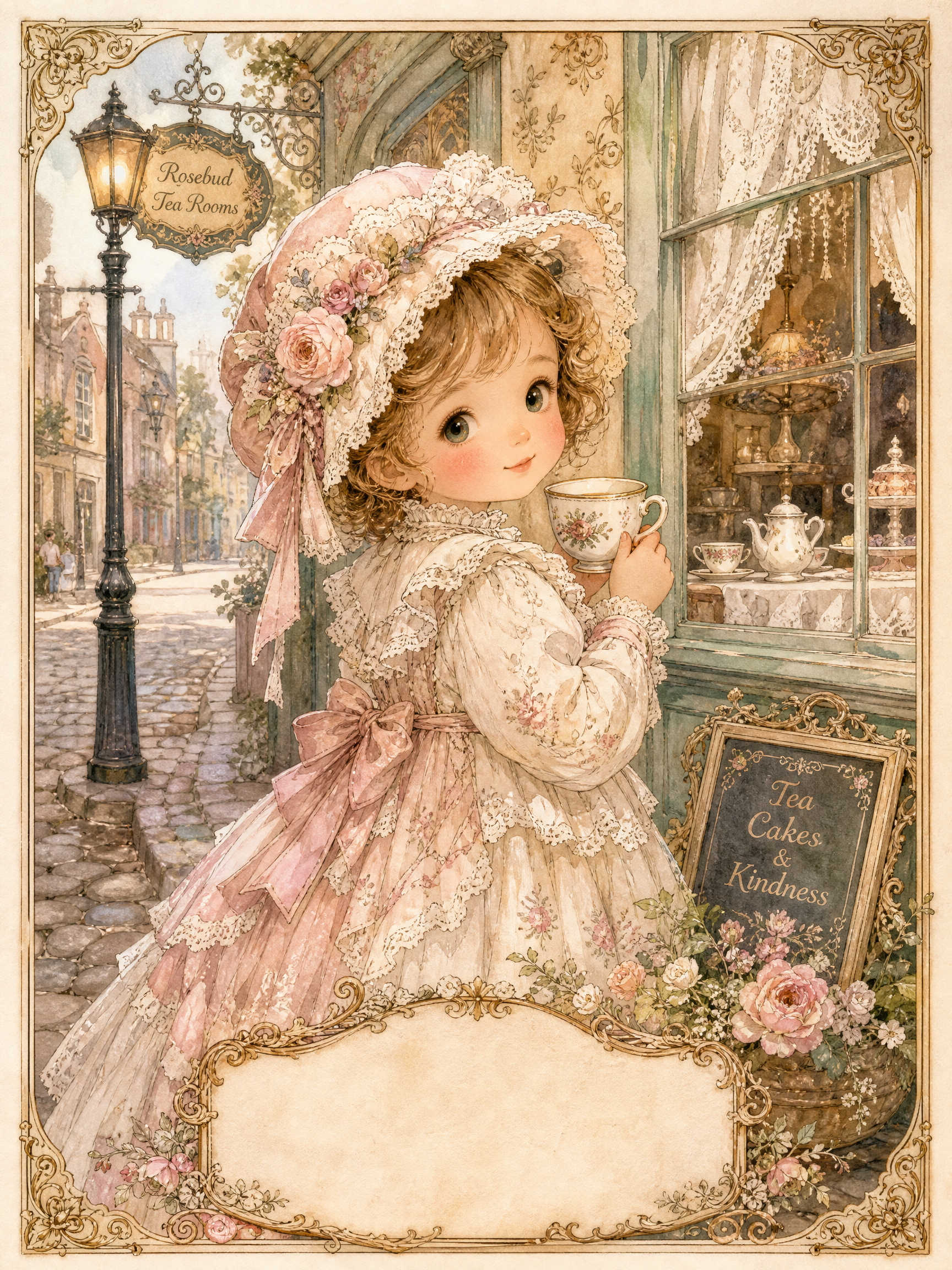 Vintage illustration of a young girl in a lace Victorian dress outside a tea room, holding a teacup.