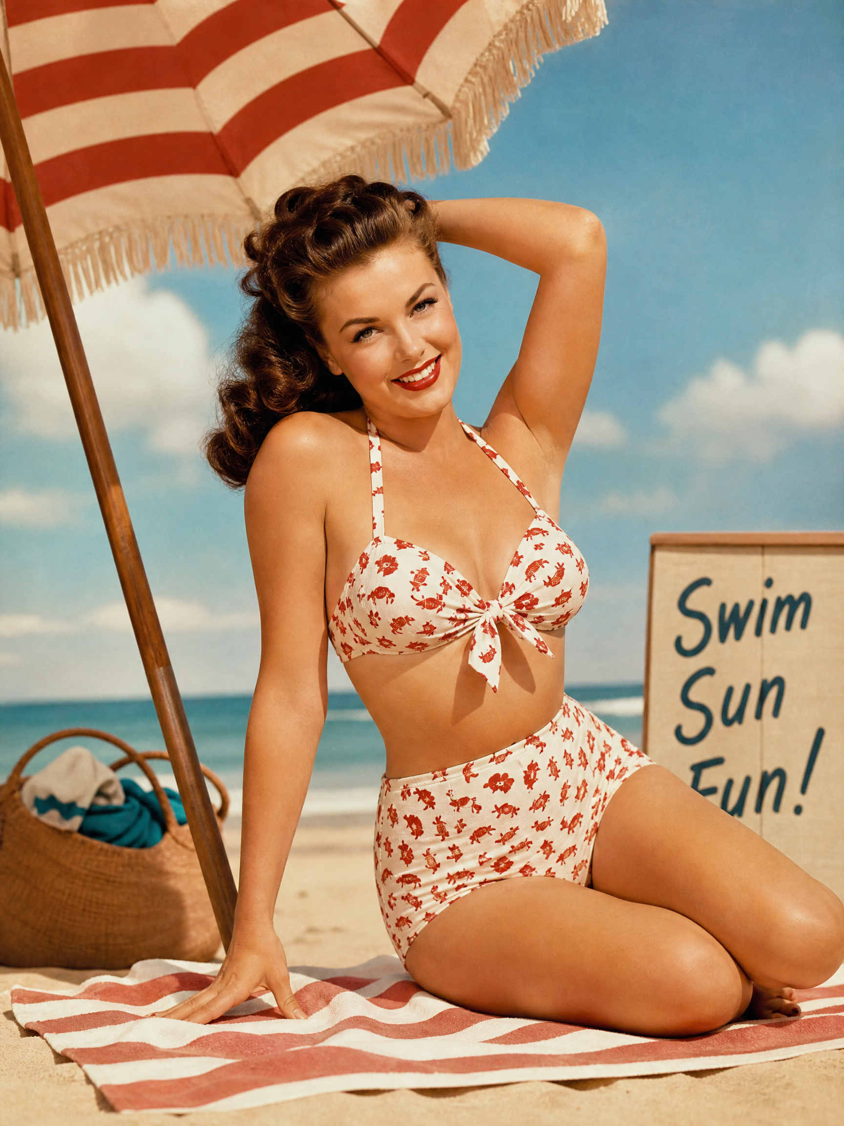 Vintage pin-up model in a floral bikini under a striped beach umbrella.