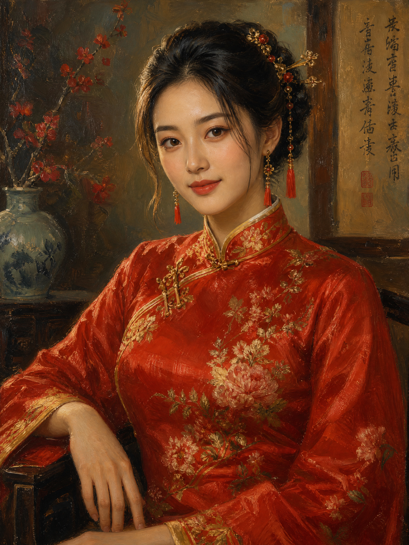 Young woman in a red embroidered qipao with ornate hair accessories, seated in a classical portrait.