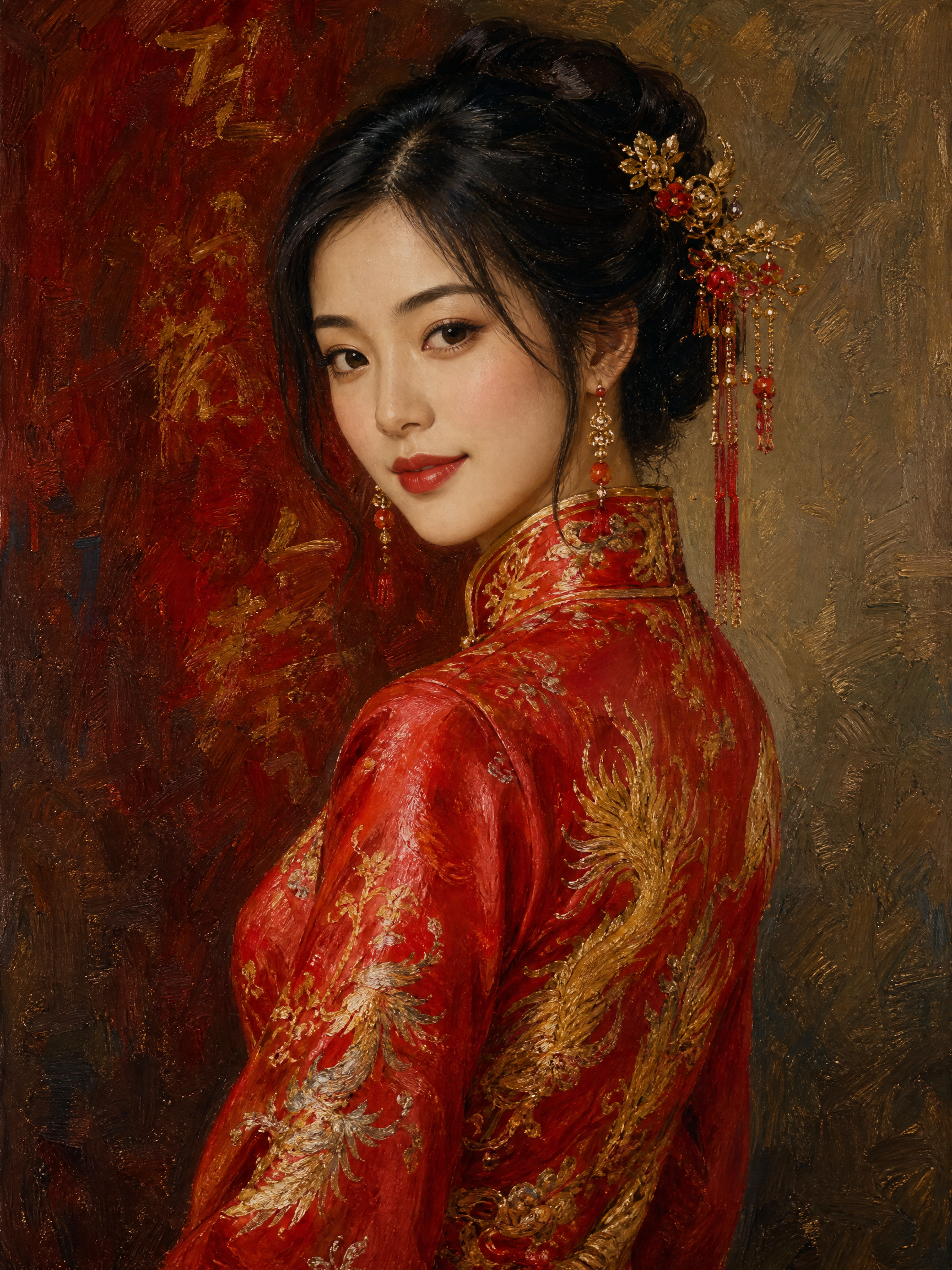 Portrait of a woman in a red qipao with gold embroidery and ornate hair accessories.