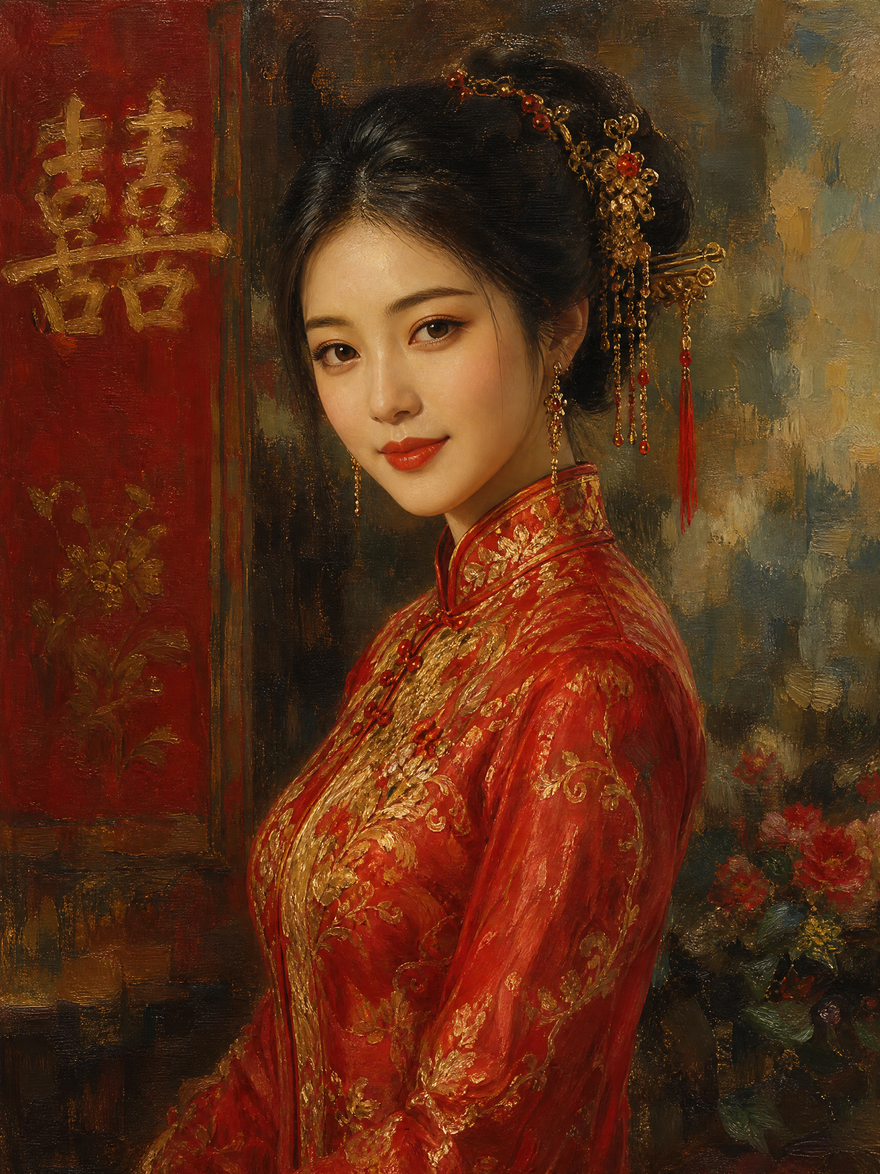 Portrait of a Chinese woman in a red qipao with gold embroidery and ornate hair ornaments.