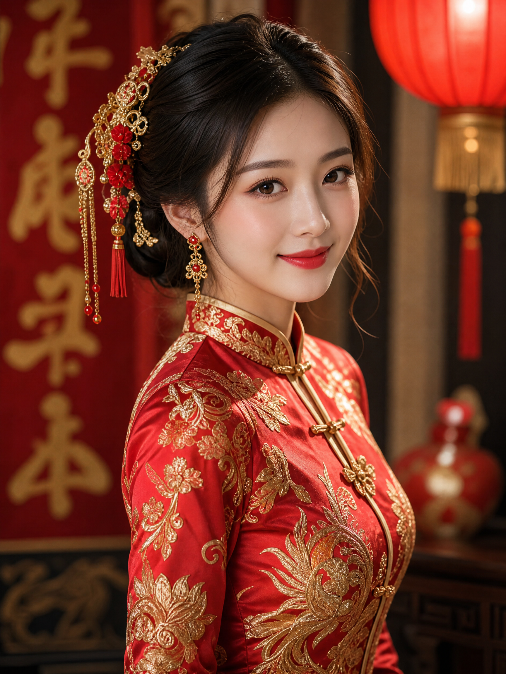 Young woman in red and gold embroidered qipao with ornate hairpiece, traditional Chinese decor.