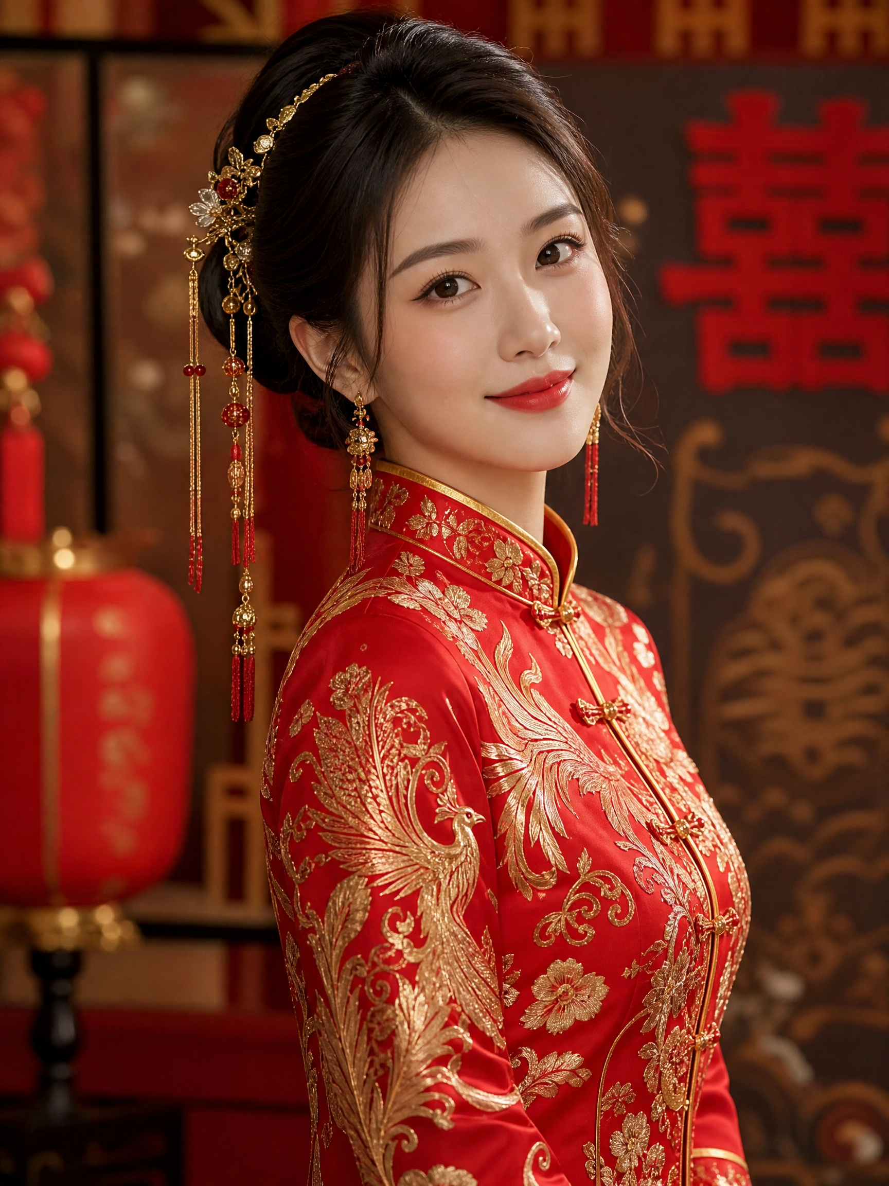 Chinese bride in a red qipao with gold embroidery and ornate hair accessories.